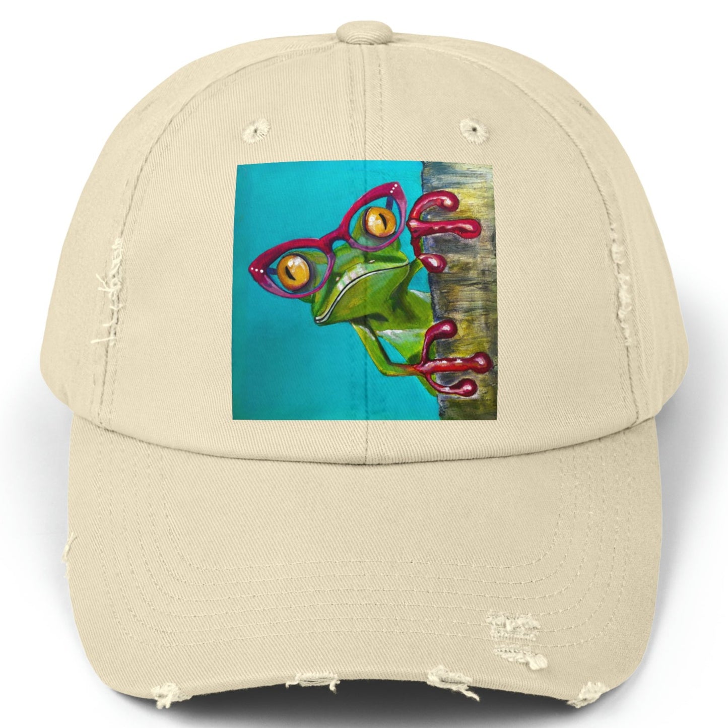 Frog Distressed Hat - Adjustable - Read More Optical Frog from Mama Mosaic Artworks