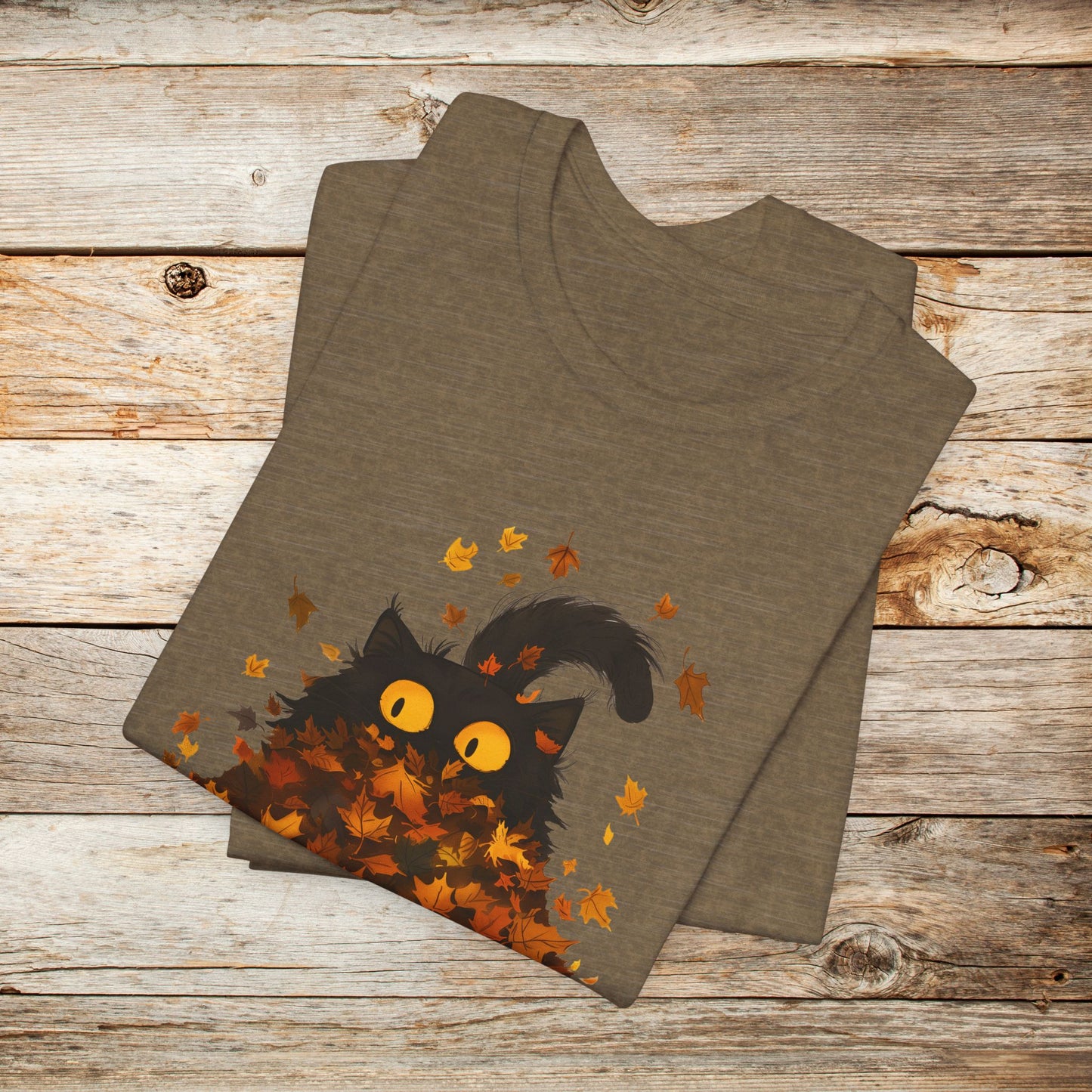 Cat TShirt - Black Cat Fall Leaves Unisex Crew