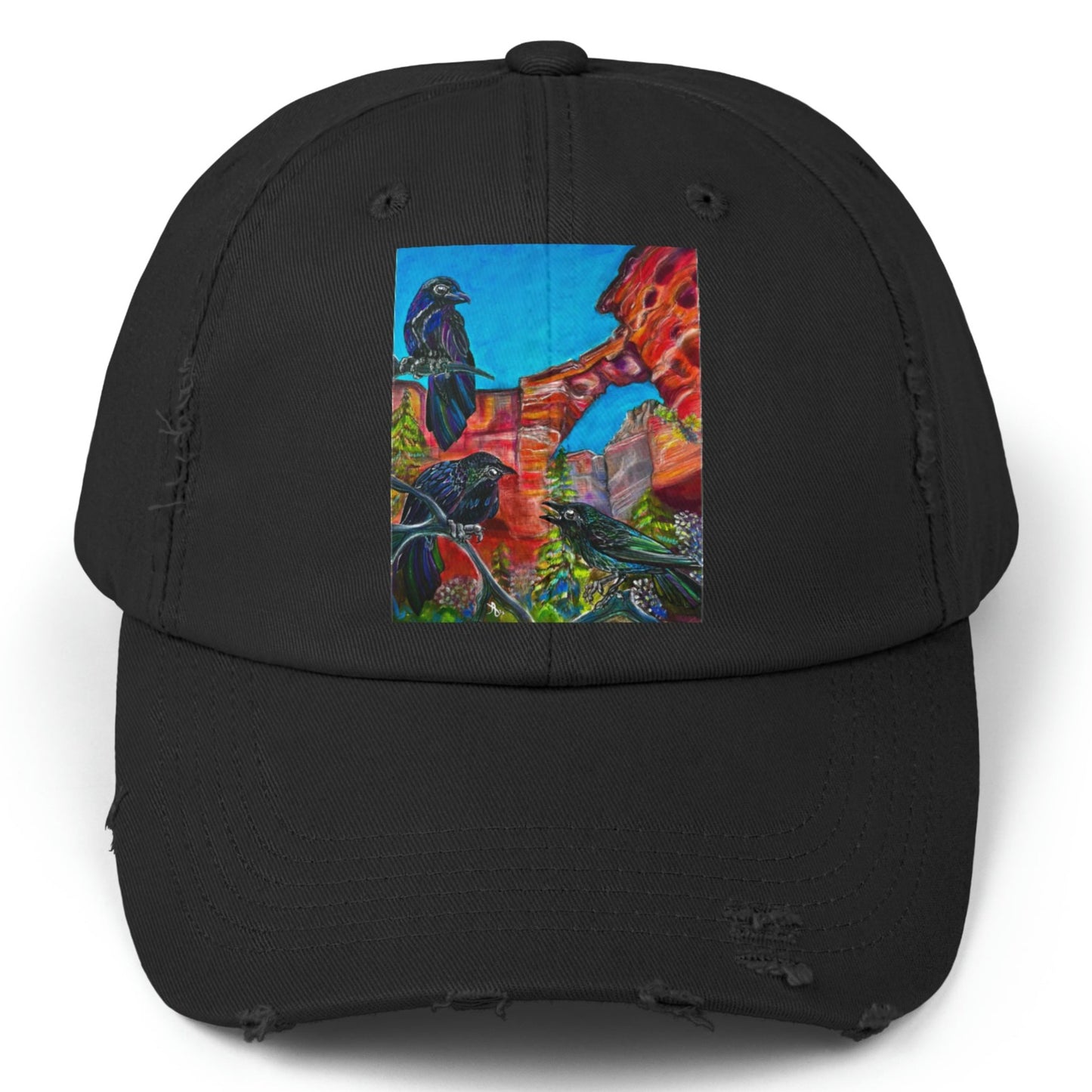 Sedona Devil's Bridge Distressed Hat - Adjustable - Three Crows at Devil's Bridge from Mama Mosaic Artworks