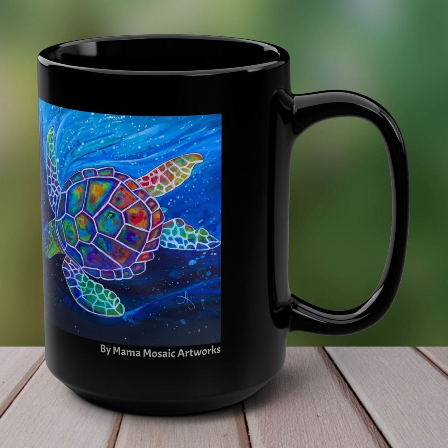 Sea Turtle Mug - Flying Turtle from Mama Mosaic Artworks - 15 oz Black Glossy Ceramic