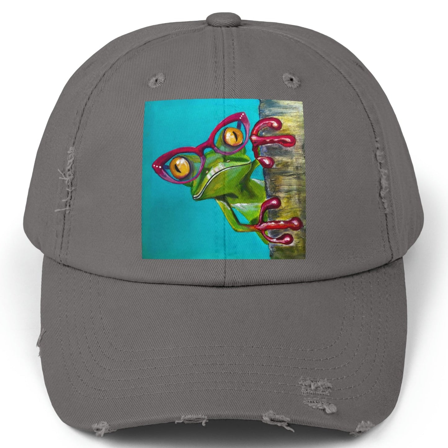 Frog Distressed Hat - Adjustable - Read More Optical Frog from Mama Mosaic Artworks