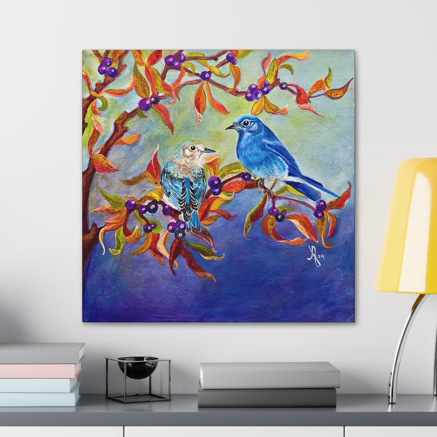 Canvas Wall Art - Blue Birds in Huckleberries From Mama Mosaic Artworks