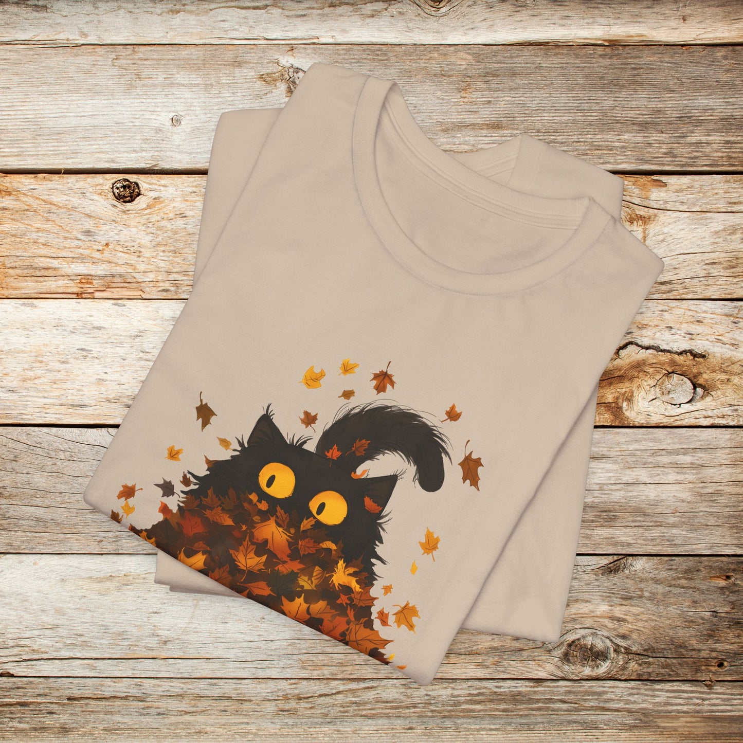 Cat TShirt - Black Cat Fall Leaves Unisex Crew