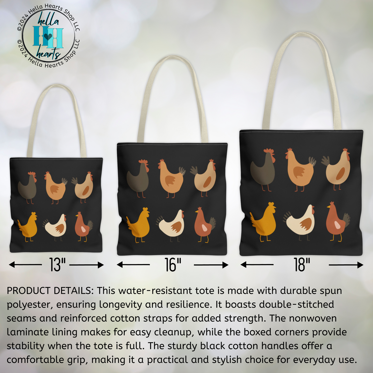 Chicken Tote Bag - Water Resistant Tote - 3 Sizes