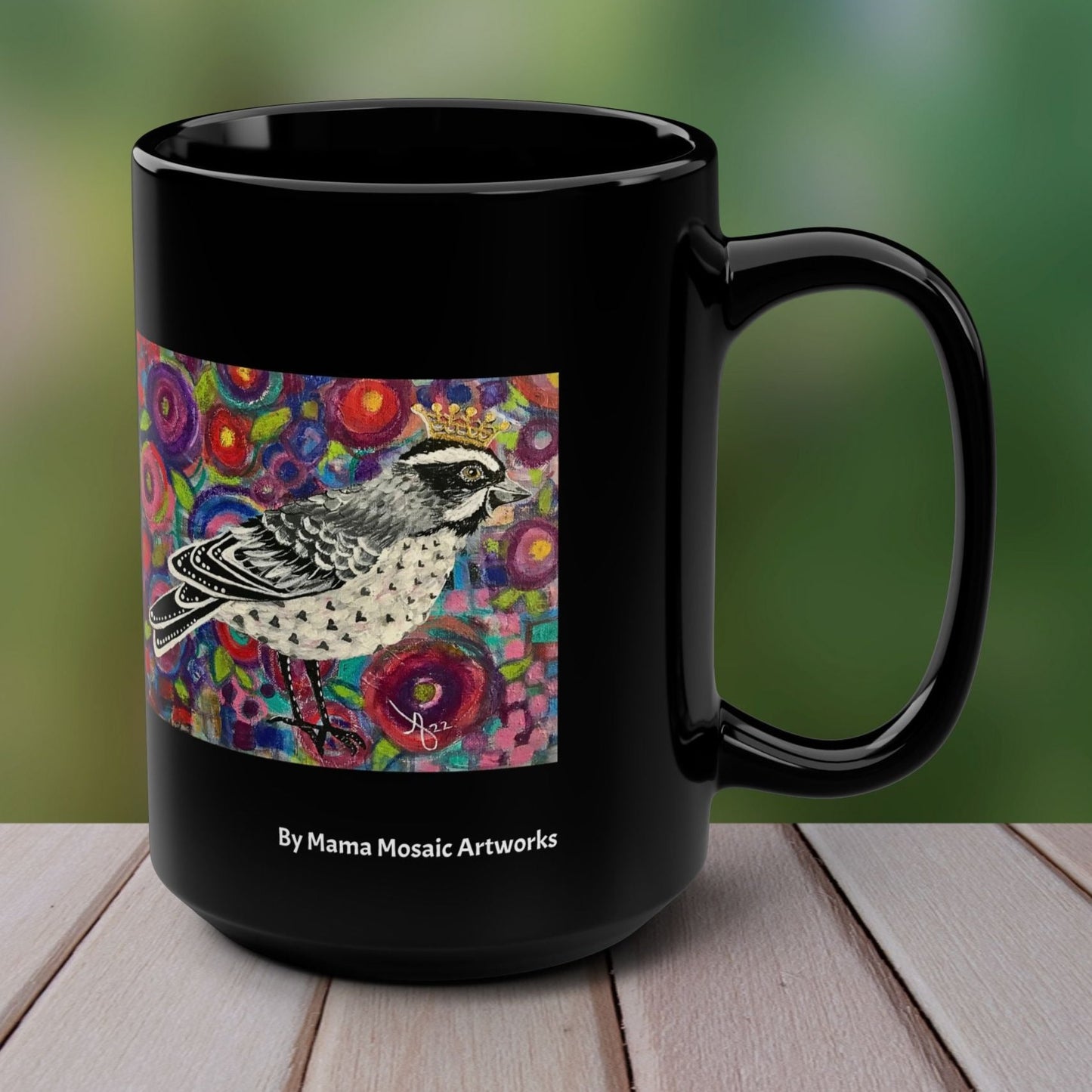 Crowned Sparrow from Mama Mosaic Artworks - 15 oz Black Glossy Ceramic Mug