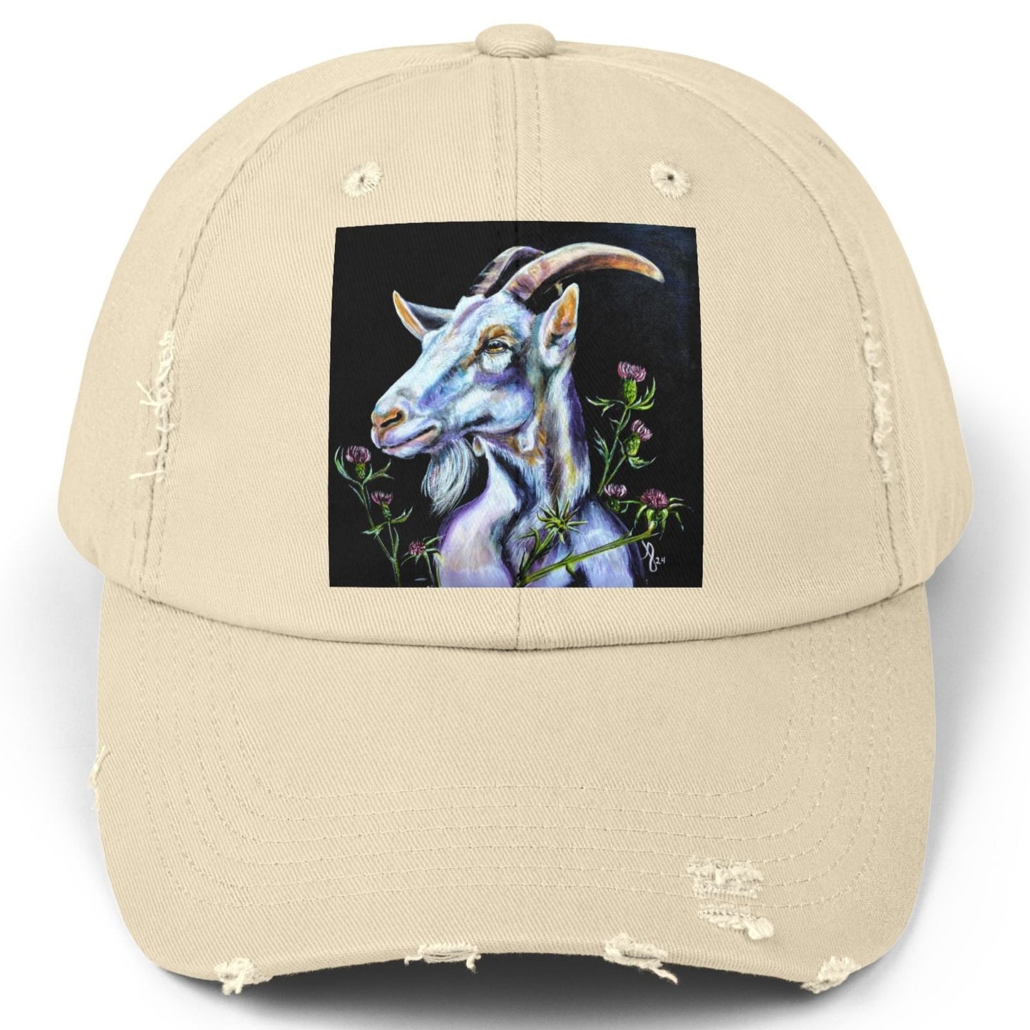 Goat Distressed Hat - Adjustable - Goat in Thistles from Mama Mosaic Artworks