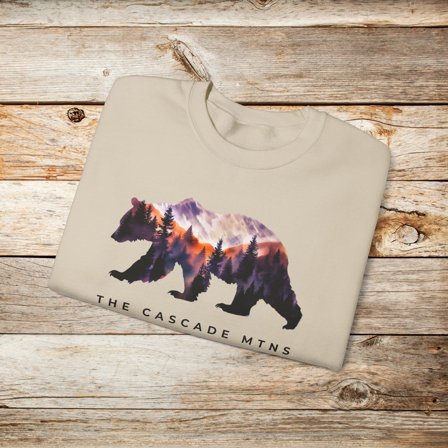 PNW Bearscape Unisex Crewneck Sweatshirt - The Cascade Mountain Range - Inclusive Sizes S to 5XL