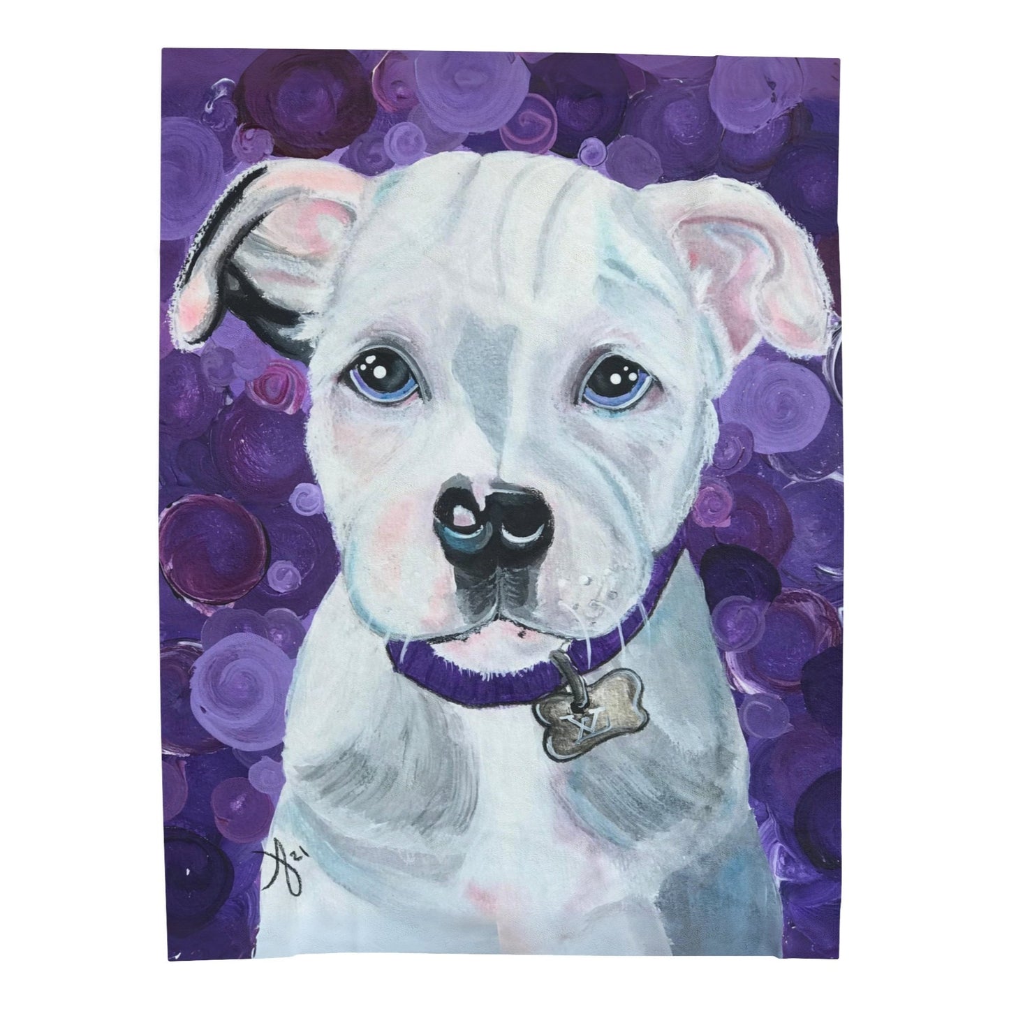 60x80 Velveteen blanket with reproduction of the painting Portrait of a Pit Bull by Mama Mosaic Artworks. A beautiful white and gray Pit Bull sits face forward. Her ears curl slightly forward, with a mottled background of shades of purple. Pit Bull Pitbull Pittbull Pittie. Dog Lover Animal Lover Rescue Dog whimsical whimsy aesthetic.