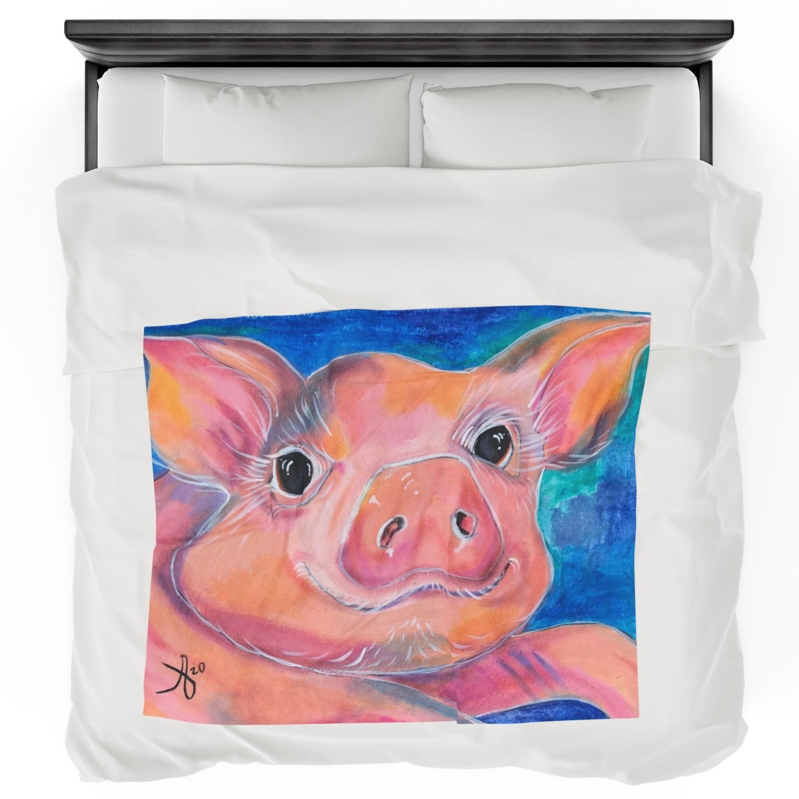 50x60 Velveteen blanket with a reproduction of the painting Piggie by Mama Mosaic Artworks. Up close view of a sweet little piggie's smiling face, with a mottled blue background. Cottagecore Naturecore Farmhouse Country whimsical whimsy aesthetic.