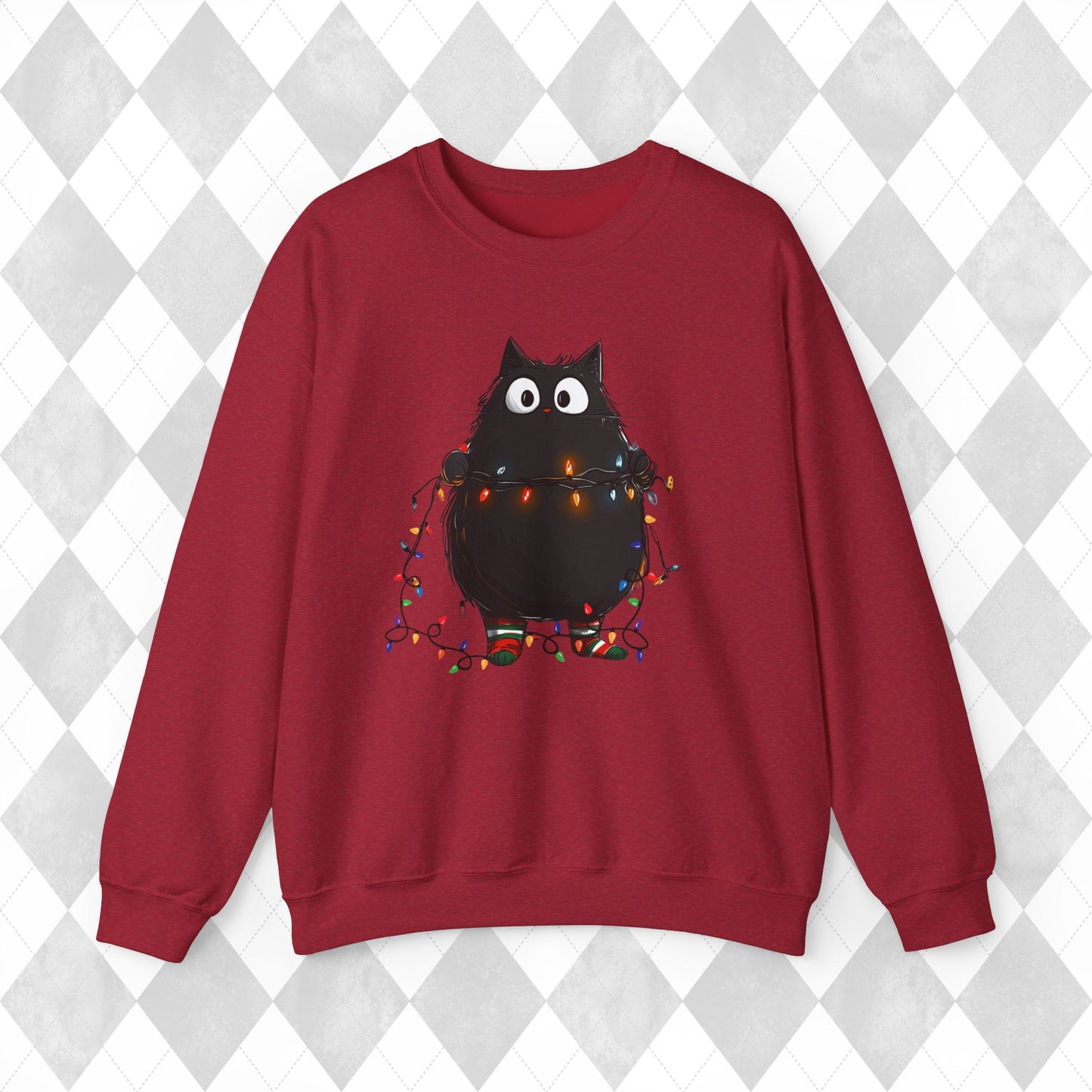 Christmas Cat Sweatshirt - Christmas Lights Kitty Sweater - Cat Mom Gift - Matching Pajamas - Funny Xmas Women's Ladies PJ Top - Unisex Crew