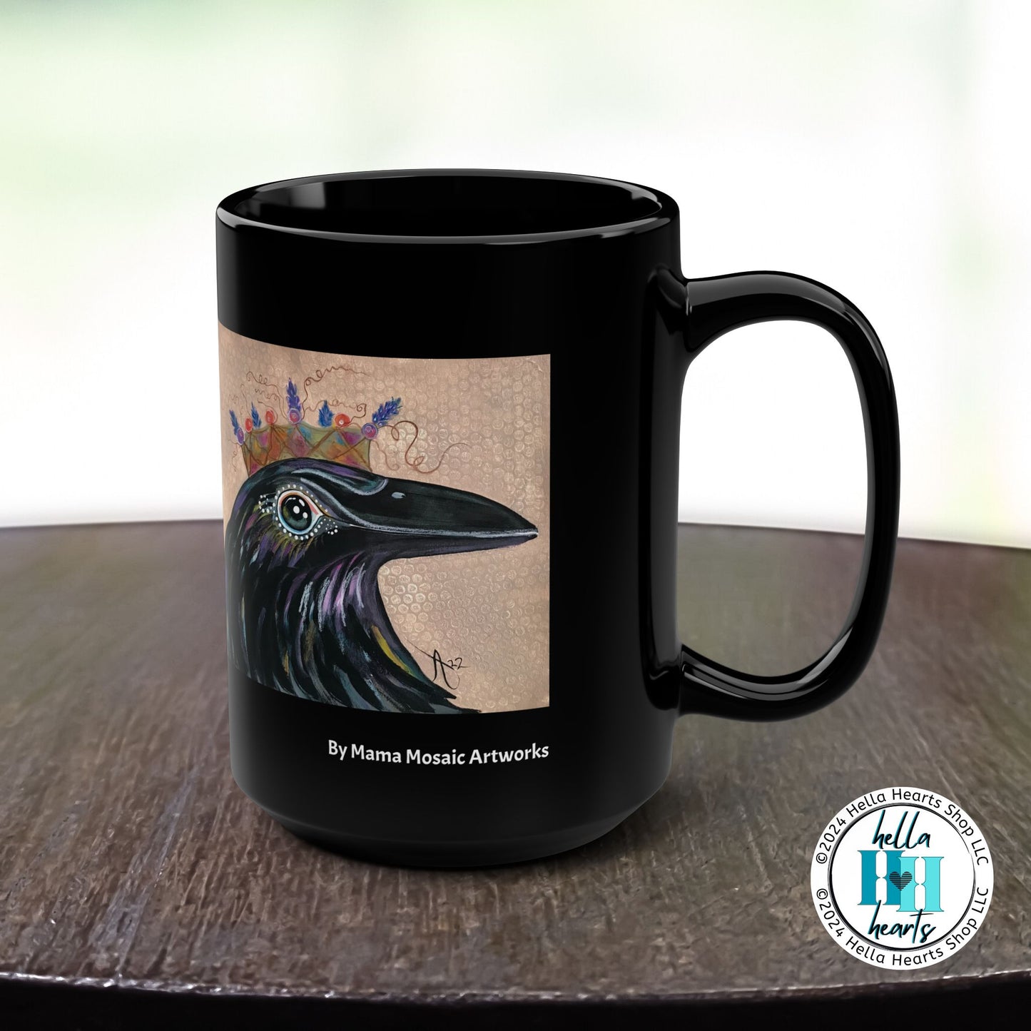 Crow Mug - Original Art, Queen Crow from Mama Mosaic Artworks - 15 oz Black Glossy Ceramic