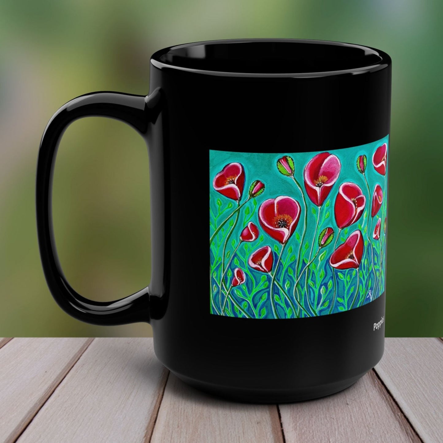 Poppies from Mama Mosaic Artworks - 15 oz Black Glossy Ceramic Mug