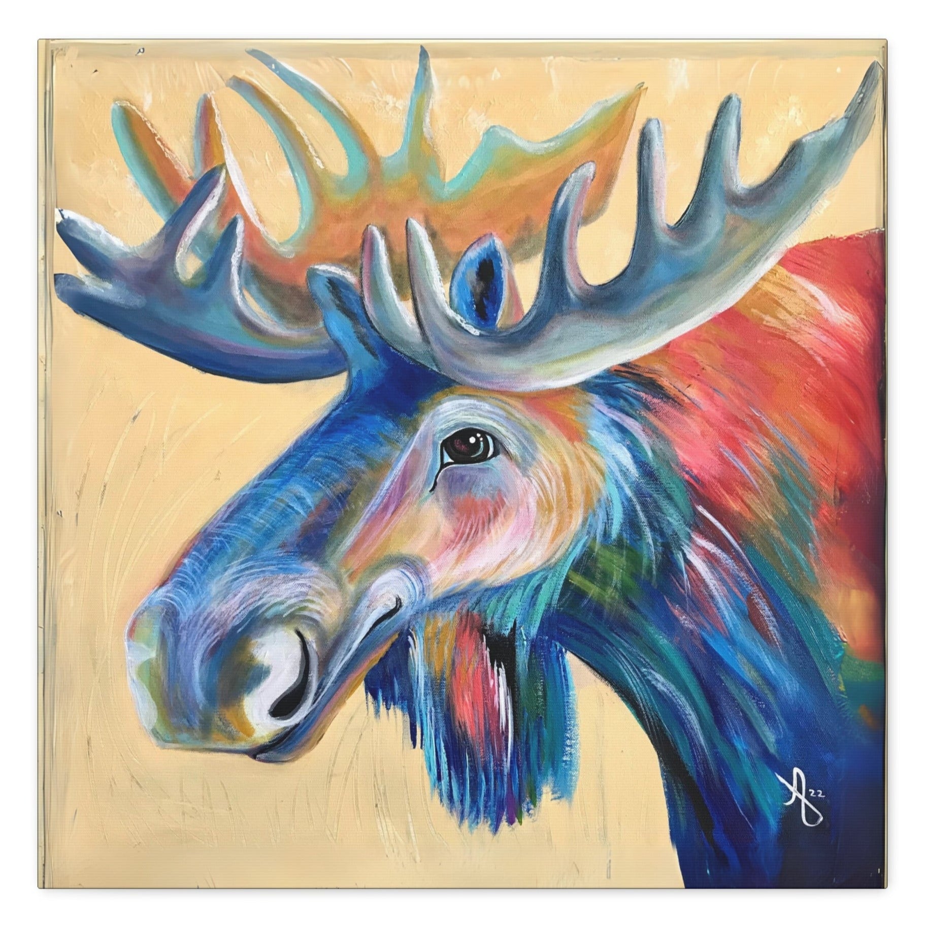 Canvas Wall Art - Water Moose - From Mama Mosaic Artworks - Lodge Decor - Western Art. It is a closed back canvas that comes with hanging hardware. Sides are printed in a solid color. It is reproduced from the original canvas painting, Water Moose, by Mama Mosaic Artworks. For those who love western decor, lodge decor, moose (meese?), the northwest, or who simply love this charming work of art!