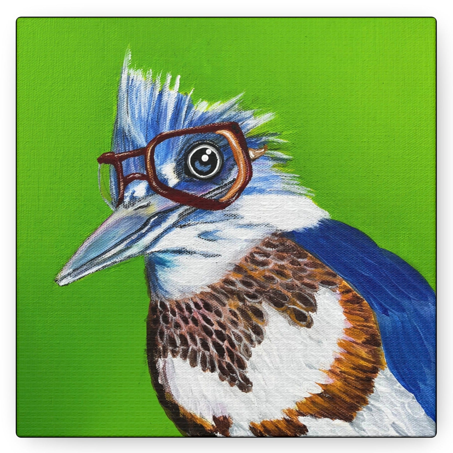 Canvas Wall Art - Read More Optical Kingfisher Gallery Canvas - From Mama Mosaic Artworks - Comes Ready to Hang.  Printed in high detail using vibrant colors. It has a closed back that comes with hanging hardware. Sides are printed in a solid color. It is reproduced from the original canvas painting Read More Optical Kingfisher by Mama Mosaic Artworks, and brings an instant aesthetic to any room. For those who love Kingfishers, birds, Australia, reading, naturecore, whimsicore, or glasses!