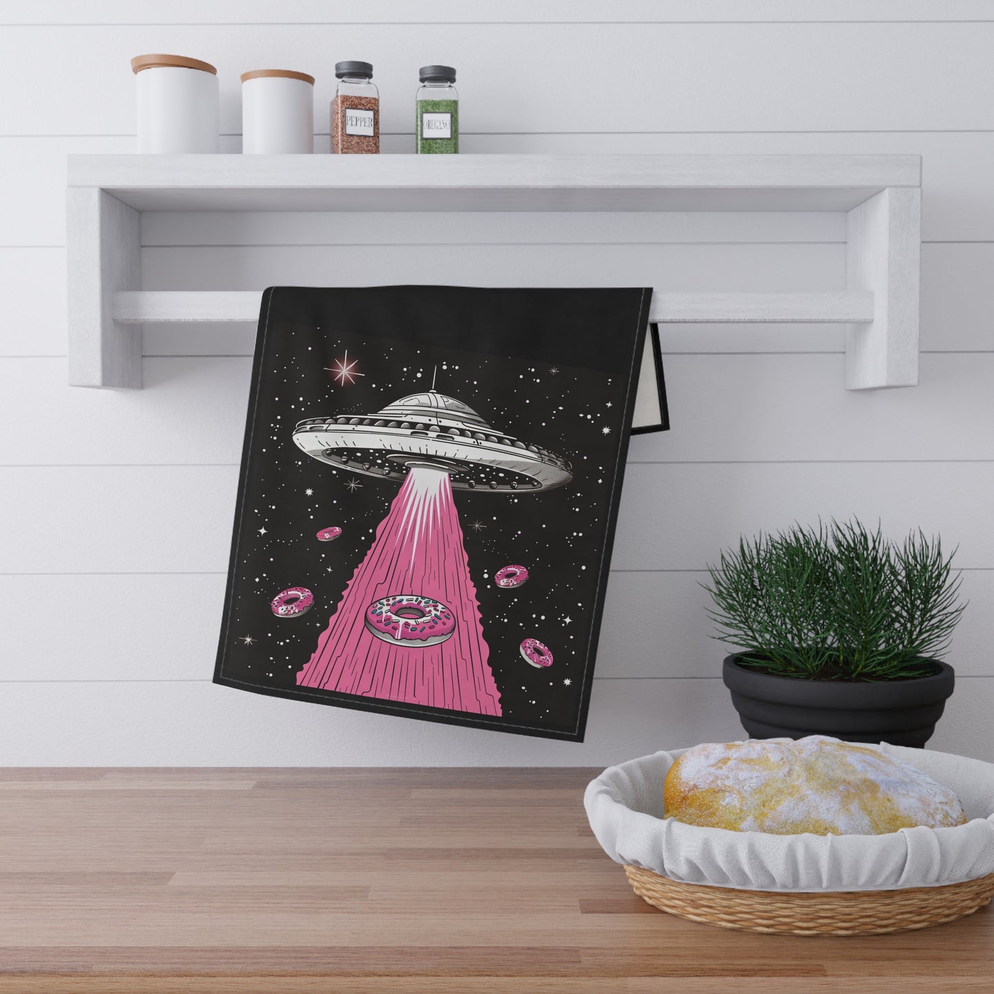 Alien Tea Towel - Spaceships and Donuts Cotton Towel