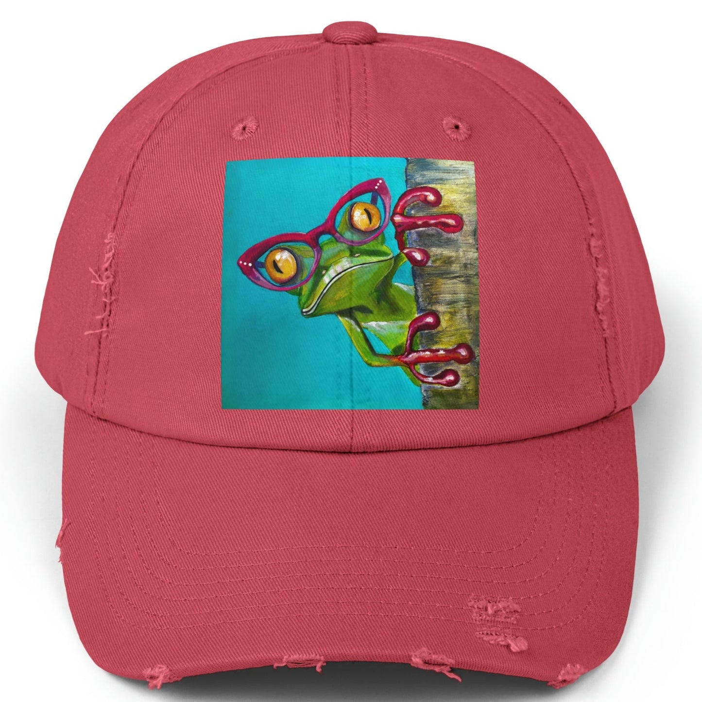 Frog Distressed Hat - Adjustable - Read More Optical Frog from Mama Mosaic Artworks