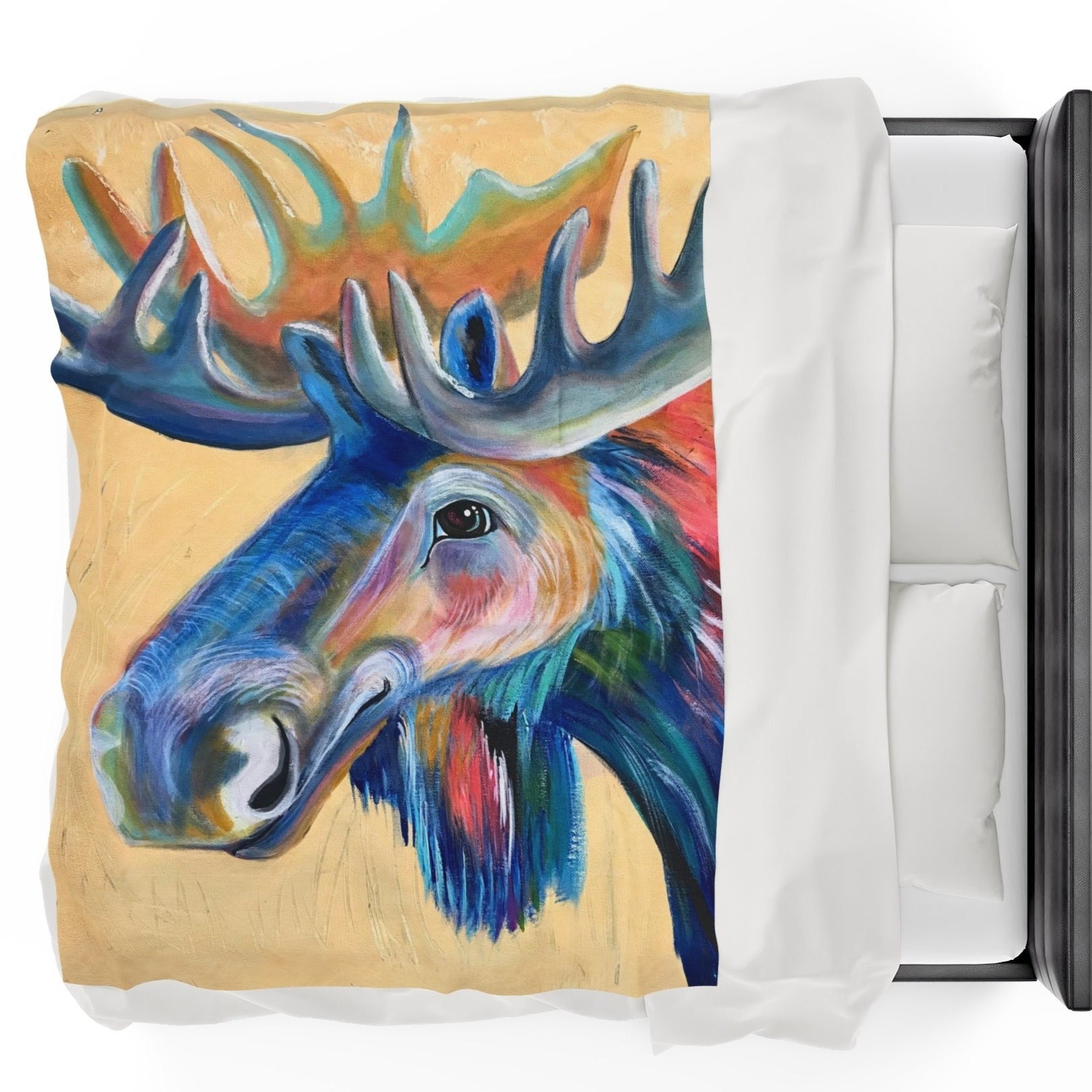 60x80 Blanket - Water Moose - Velveteen Plush Throw - from Mama Mosaic Artworks - Lodge Decor - Farmhouse Decor. This whimsical velveteen plush throw blanket is printed edge to edge in high detail using vibrant colors. It is reproduced from the original canvas painting, Water Moose, by Mama Mosaic Artworks. This soft blanket brings an instant aesthetic to any room. For those who love western art, moose, the northwest, the PNW, lodge decor, or who simply love this charming work of art .