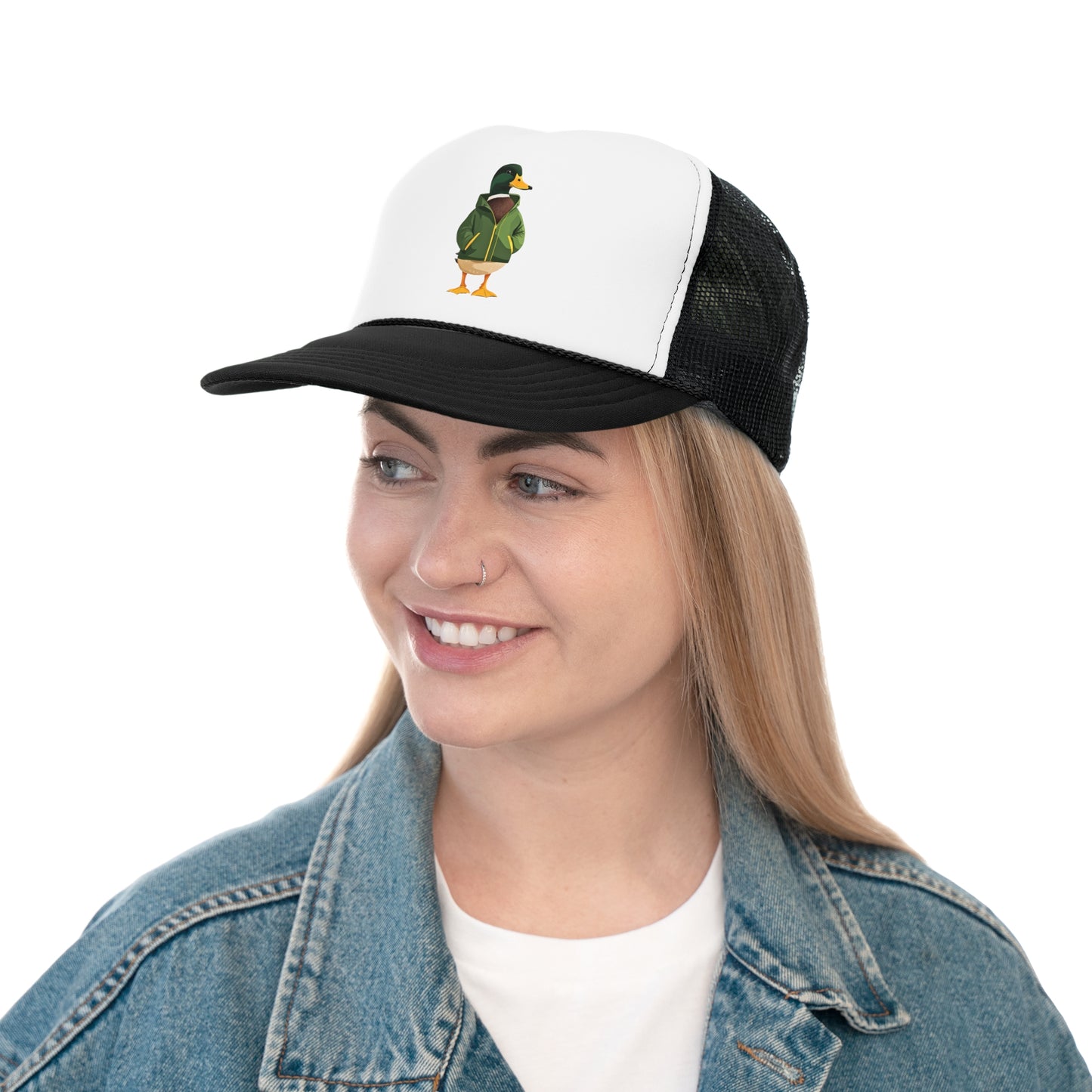 Duck Trucker Hat - Mallard Duck in Green and Yellow Rain Slicker