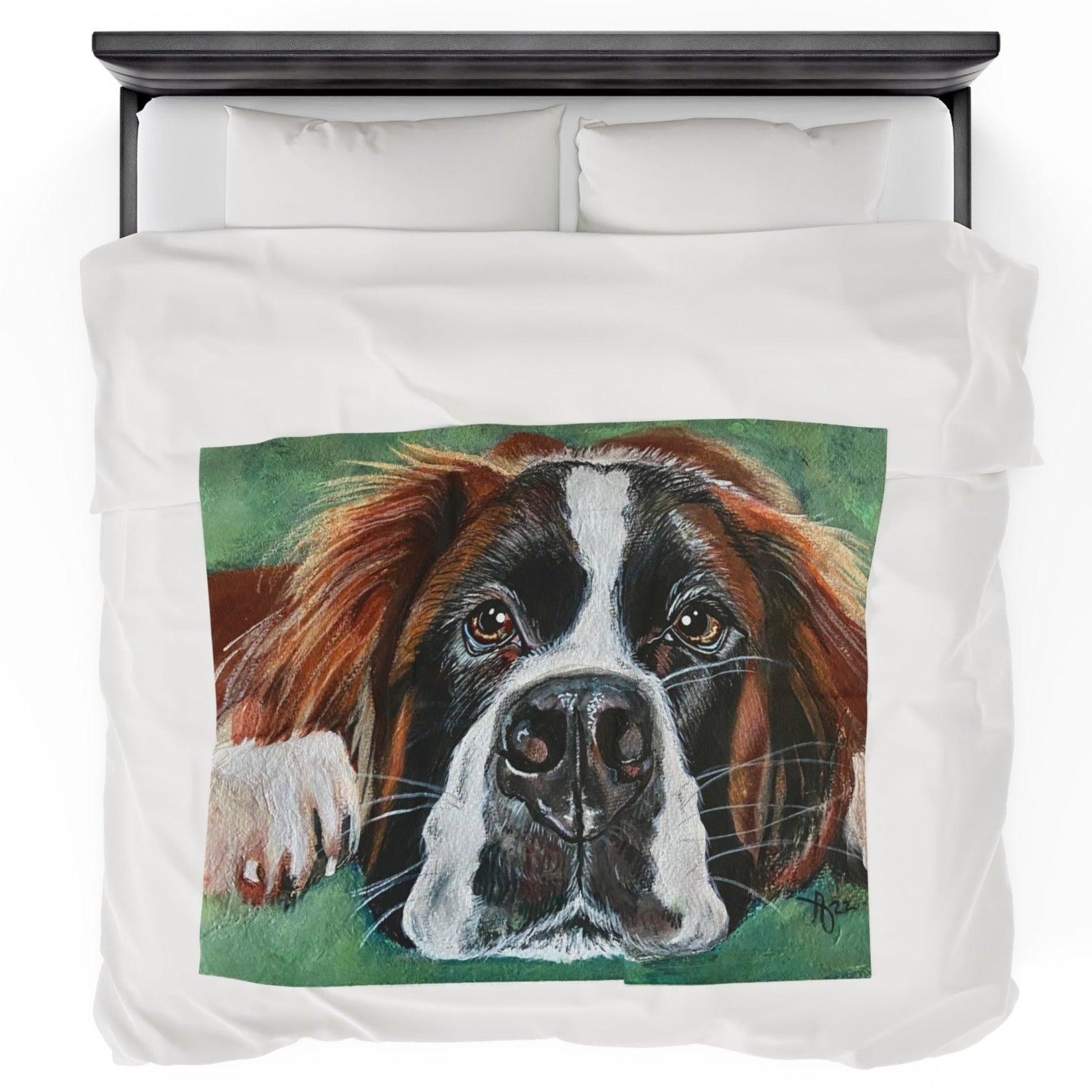 50x60 Plush Velveteen Blanket with a reproduction of the painting Portrait of a Saint Bernard by Mama Mosaic Artworks. Up close view of St. Bernard face with soulful eyes and a beautiful green mottled background. Pet lovers Dog lovers Farmhouse Country aesthetic.