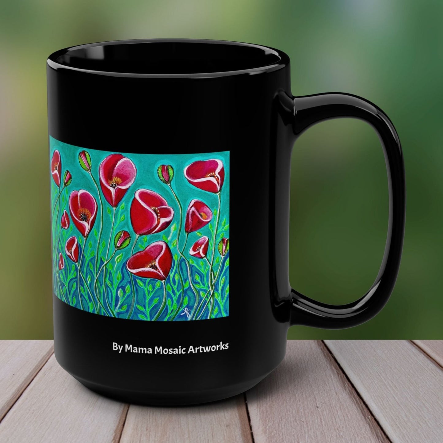 Poppies from Mama Mosaic Artworks - 15 oz Black Glossy Ceramic Mug