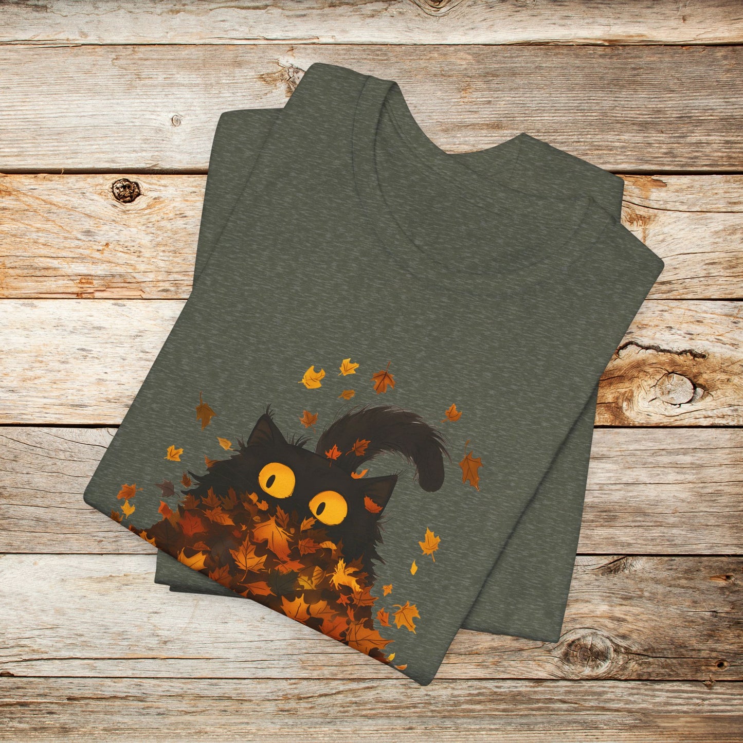 Cat TShirt - Black Cat Fall Leaves Unisex Crew