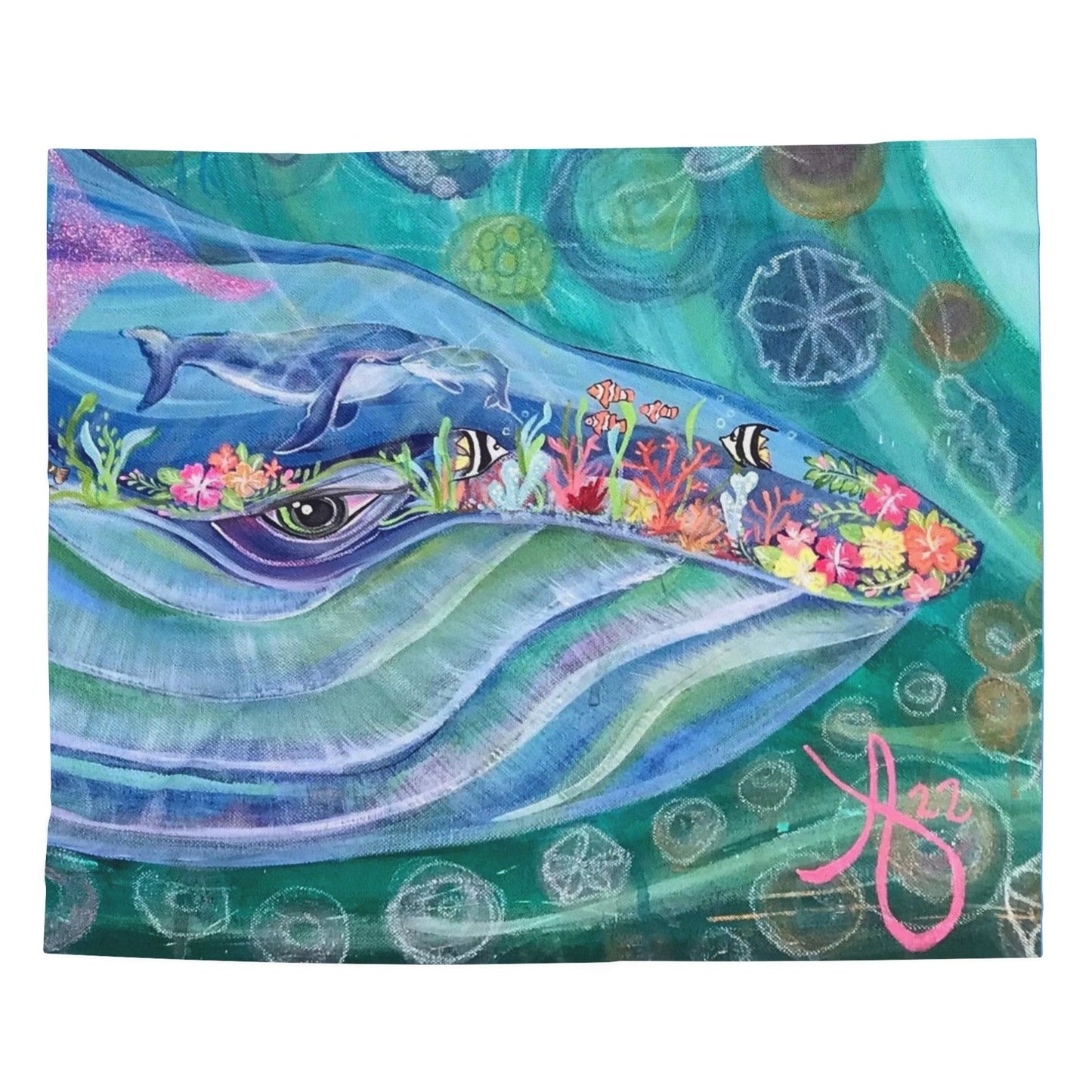 60x80 Velveteen blanket with a reproduction of the painting Mama and Baby Blue by Mama Mosaic Artworks. Up close view of a mother blue whale after her long migration to have her baby whale calf. Mama has flowers and ocean life growing on and around her and is remembering her baby. Naturecore ocean waters whimsical whimsy aesthetic. Clean the Seas.