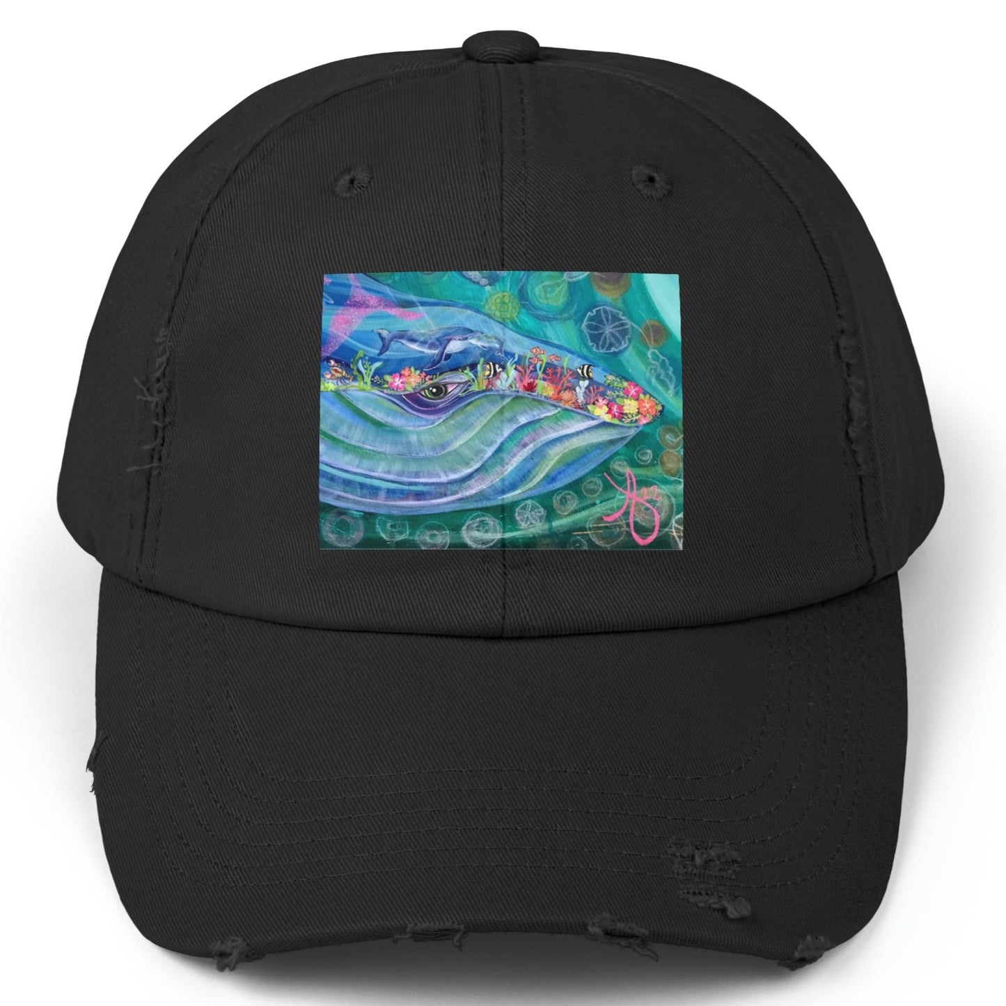 Blue Whale Distressed Hat - Adjustable - Mama and Baby Blue from Mama Mosaic Artworks