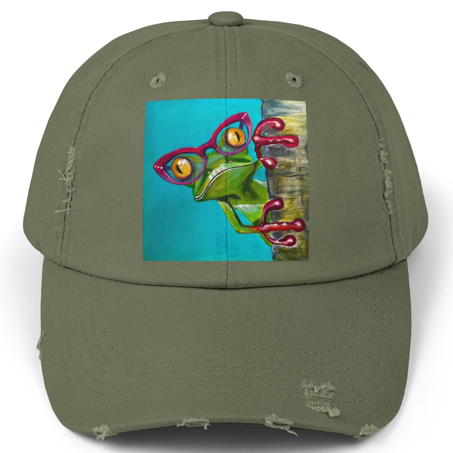 Frog Distressed Hat - Adjustable - Read More Optical Frog from Mama Mosaic Artworks