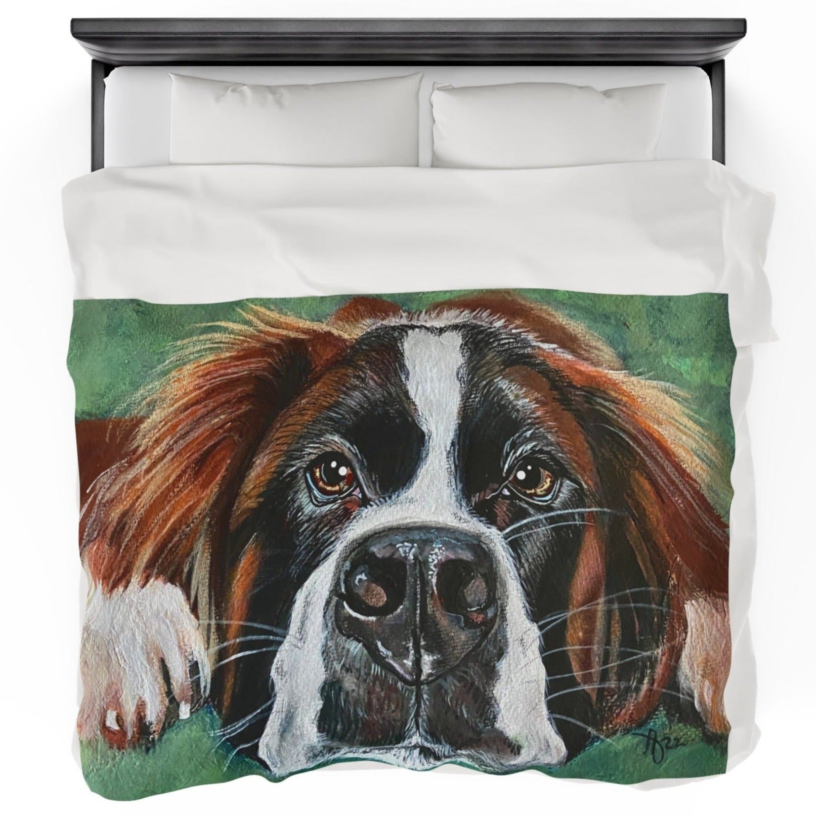 60x80 Plush Velveteen Blanket with a reproduction of the painting Portrait of a Saint Bernard by Mama Mosaic Artworks. Up close view of St. Bernard face with soulful eyes and a beautiful green mottled background. Pet lovers Dog lovers Farmhouse Country aesthetic.