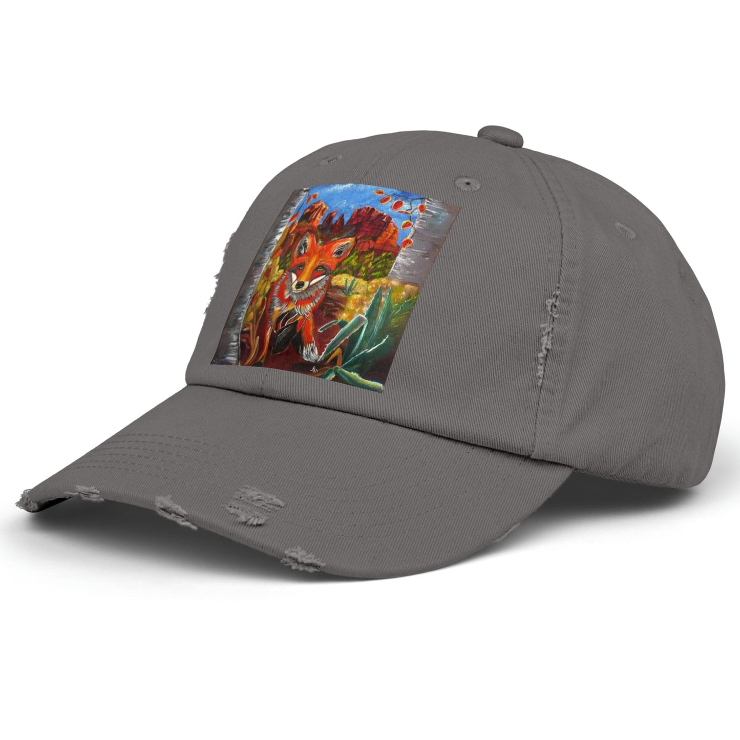 Sedona Fox Distressed Hat - Adjustable - Fox at Cathedral Rock from Mama Mosaic Artworks