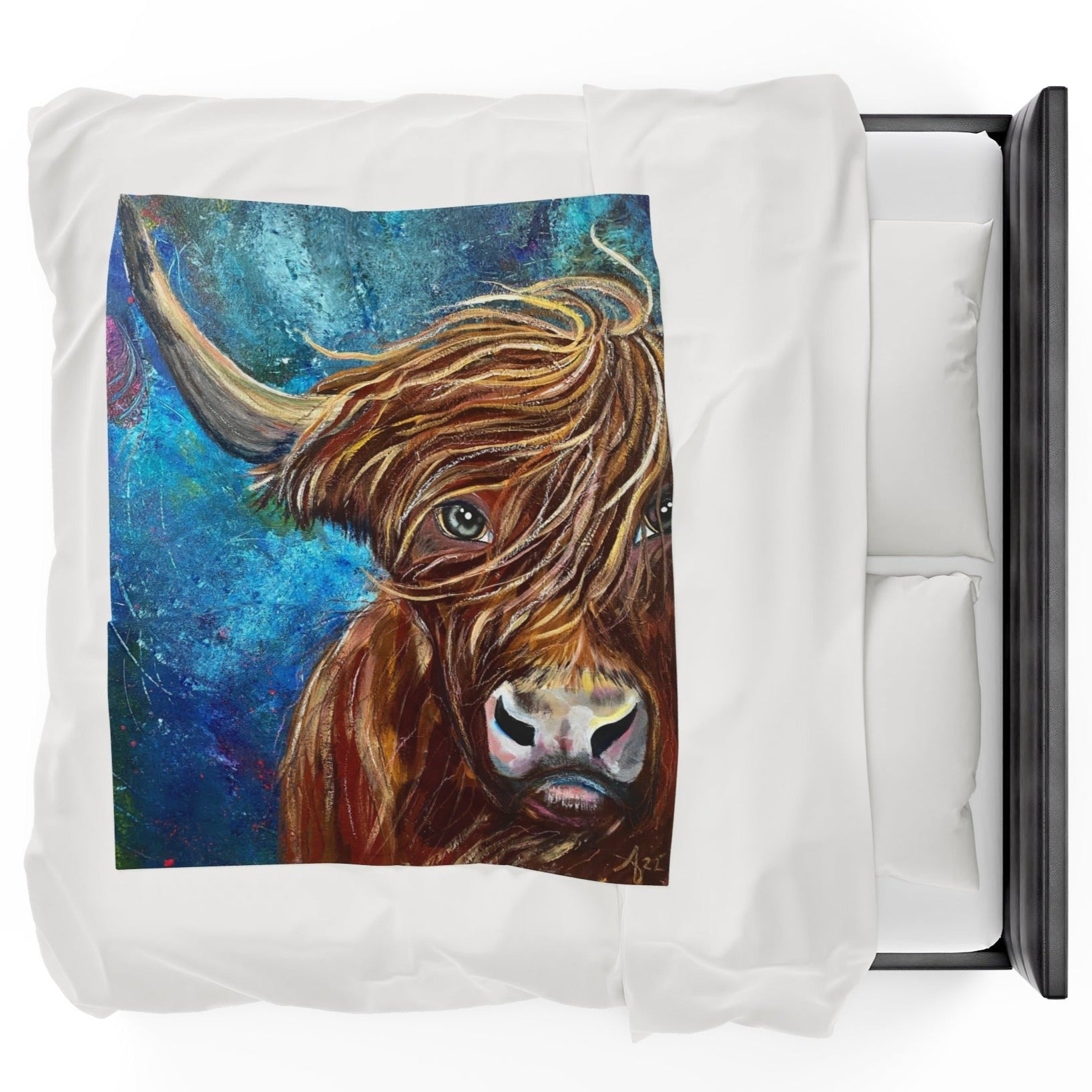 50x60 Velveteen Blanket with a reproduction of the painting Highland Bull by Mama Mosaic Artworks. Windswept bull's face with beautiful mottled blue and green background. Cottagecore Naturecore Farmhouse Country aesthetic.