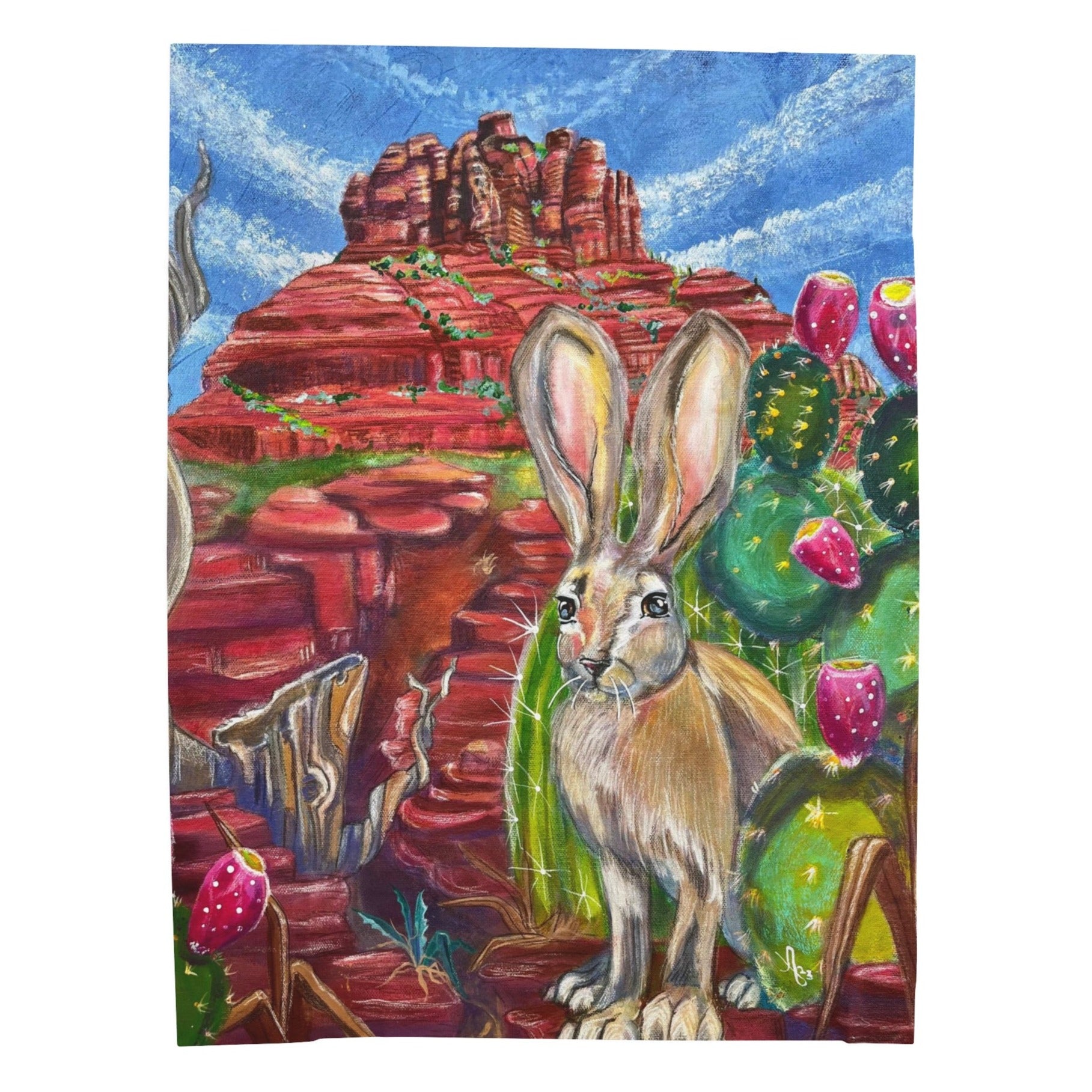 30x40 Blanket - Hare at Bell Rock Velveteen Plush Throw - from Mama Mosaic Artworks - Southwestern Art. This dynamic velveteen plush throw blanket is printed edge to edge in high detail using vibrant colors. It is reproduced from the original canvas painting, Hare at Bell Rock, by Mama Mosaic Artworks, and brings an instant aesthetic to any room. For those who believe in vortex points, or who love Sedona, Arizona, desert decor, a Mexican or southwestern aesthetic, or simply love this charming work of art.