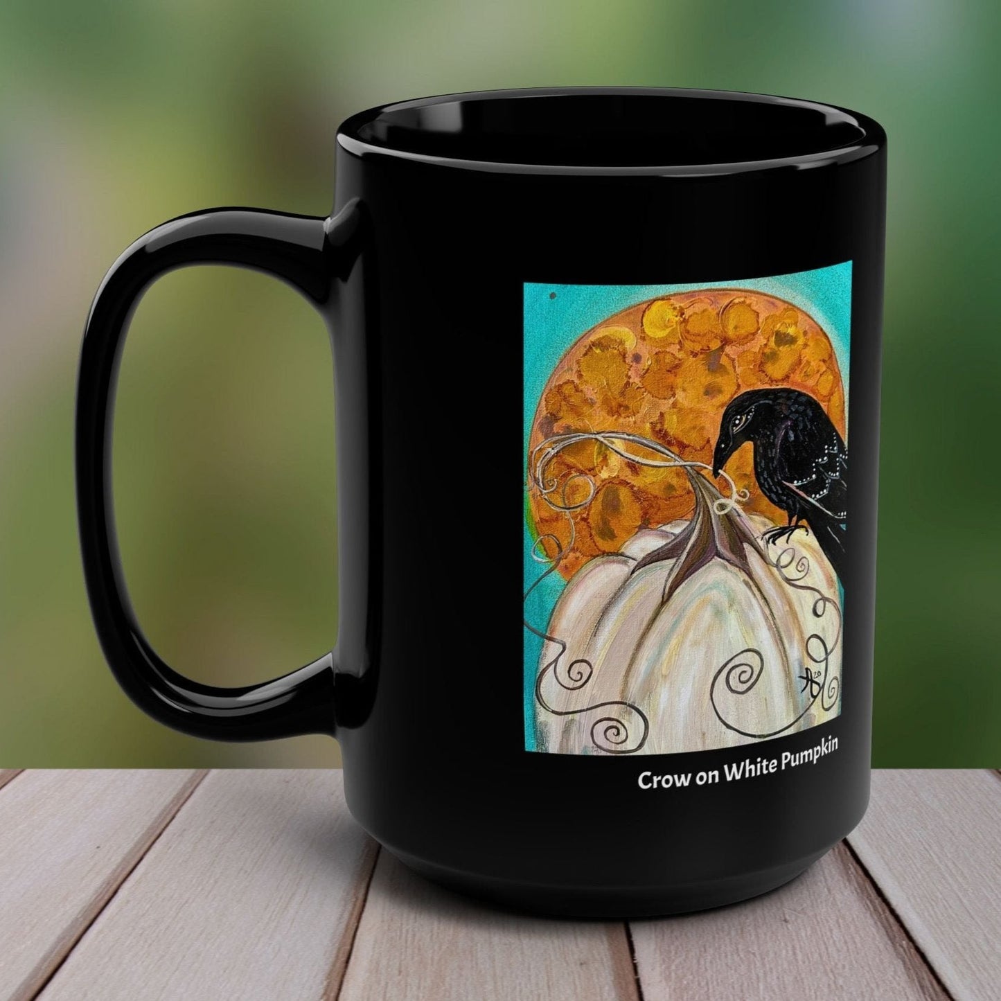 Crow on White Pumpkin from Mama Mosaic Artworks - 15 oz Black Glossy Ceramic Mug