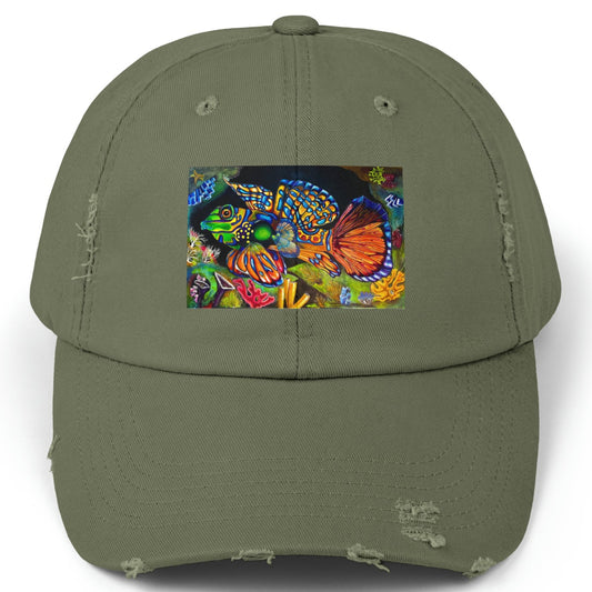 Tropical Fish Distressed Hat - Adjustable - Portrait of Mandarin Goby from Mama Mosaic Artworks