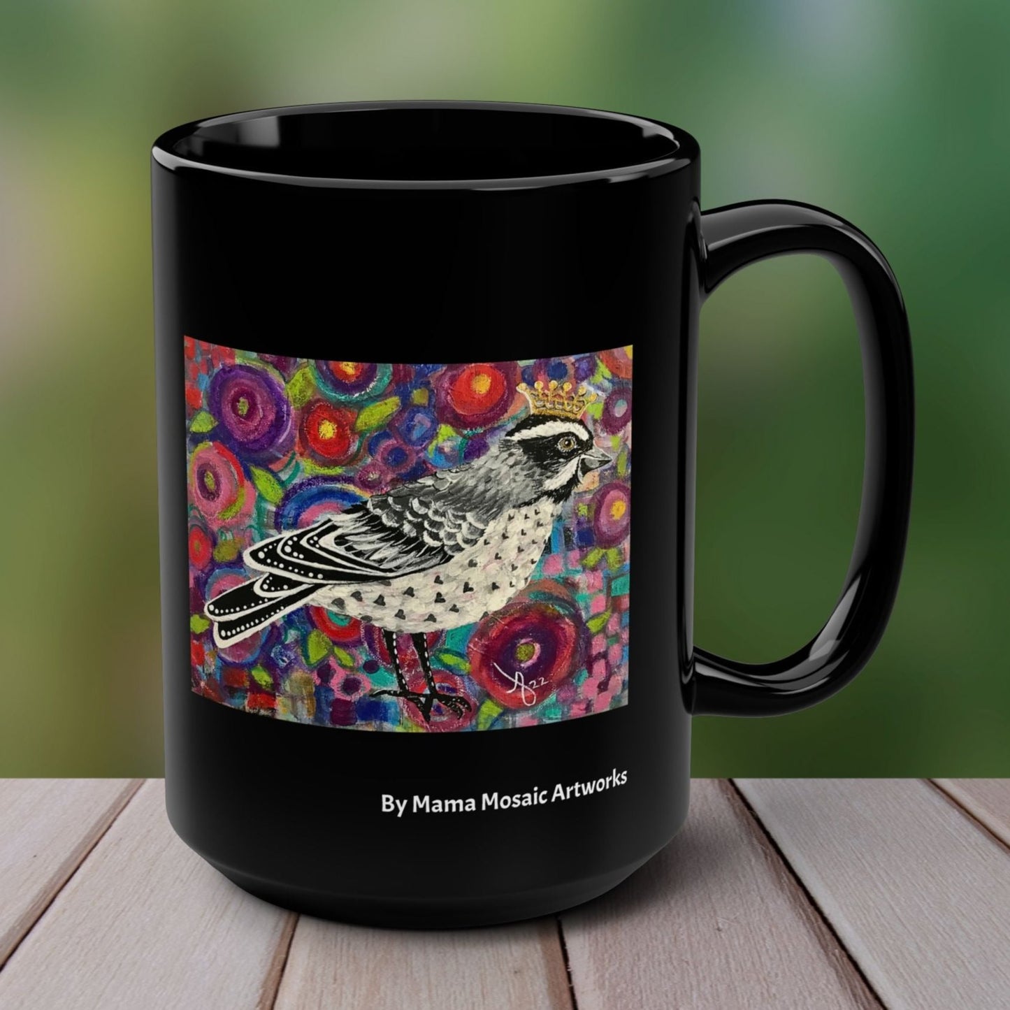 Crowned Sparrow from Mama Mosaic Artworks - 15 oz Black Glossy Ceramic Mug