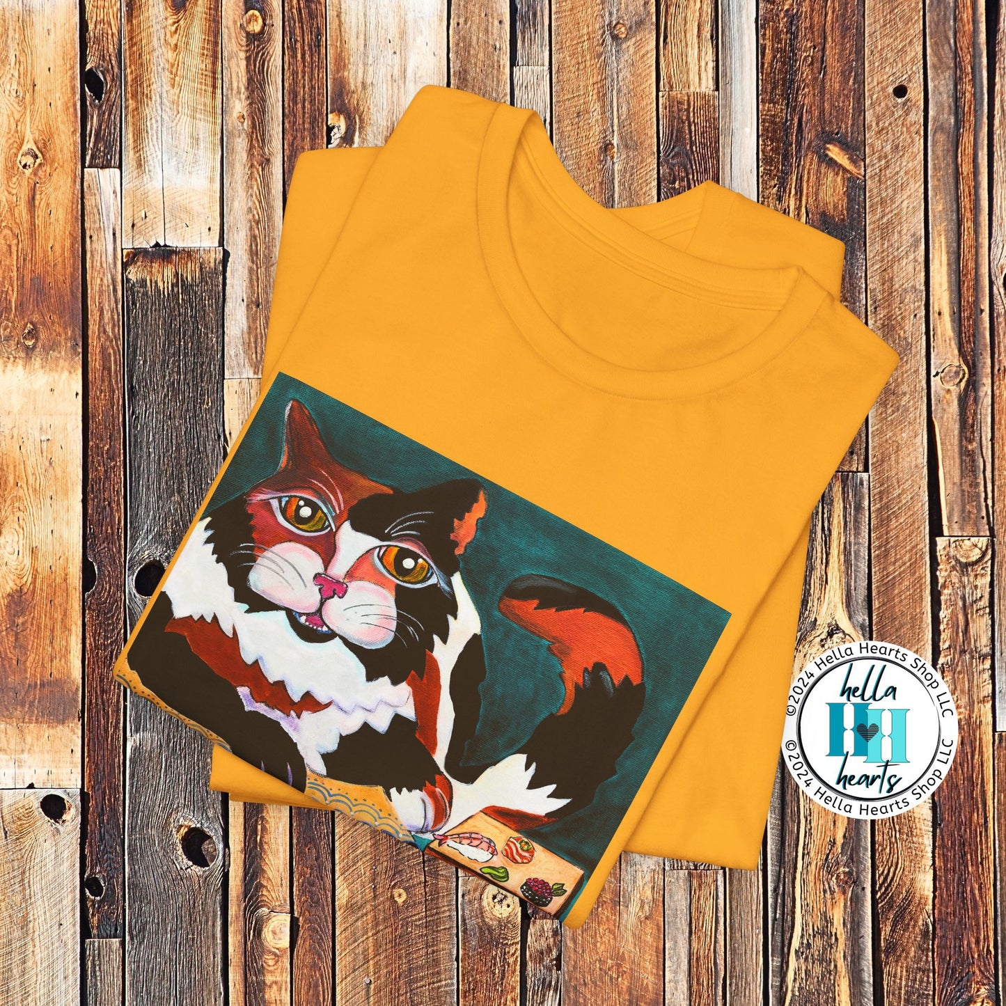 Calico Cat Sushi TShirt - Original Painted Art, Sushi Cat, from Mama Mosaic Artworks