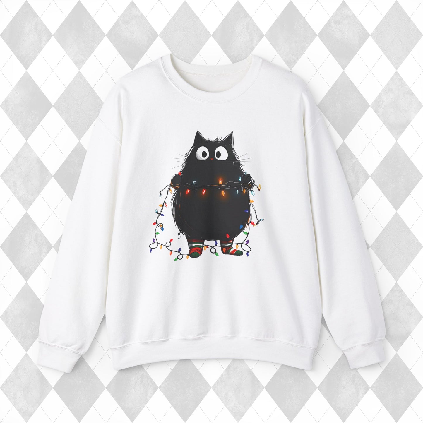 Christmas Cat Sweatshirt - Christmas Lights Kitty Sweater - Cat Mom Gift - Matching Pajamas - Funny Xmas Women's Ladies PJ Top - Unisex Crew