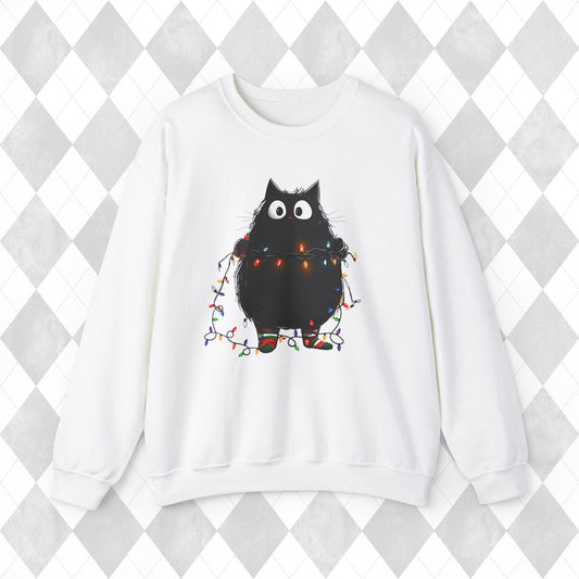 Christmas Cat Sweatshirt - Christmas Lights Kitty Sweater - Cat Mom Gift - Matching Pajamas - Funny Xmas Women's Ladies PJ Top - Unisex Crew