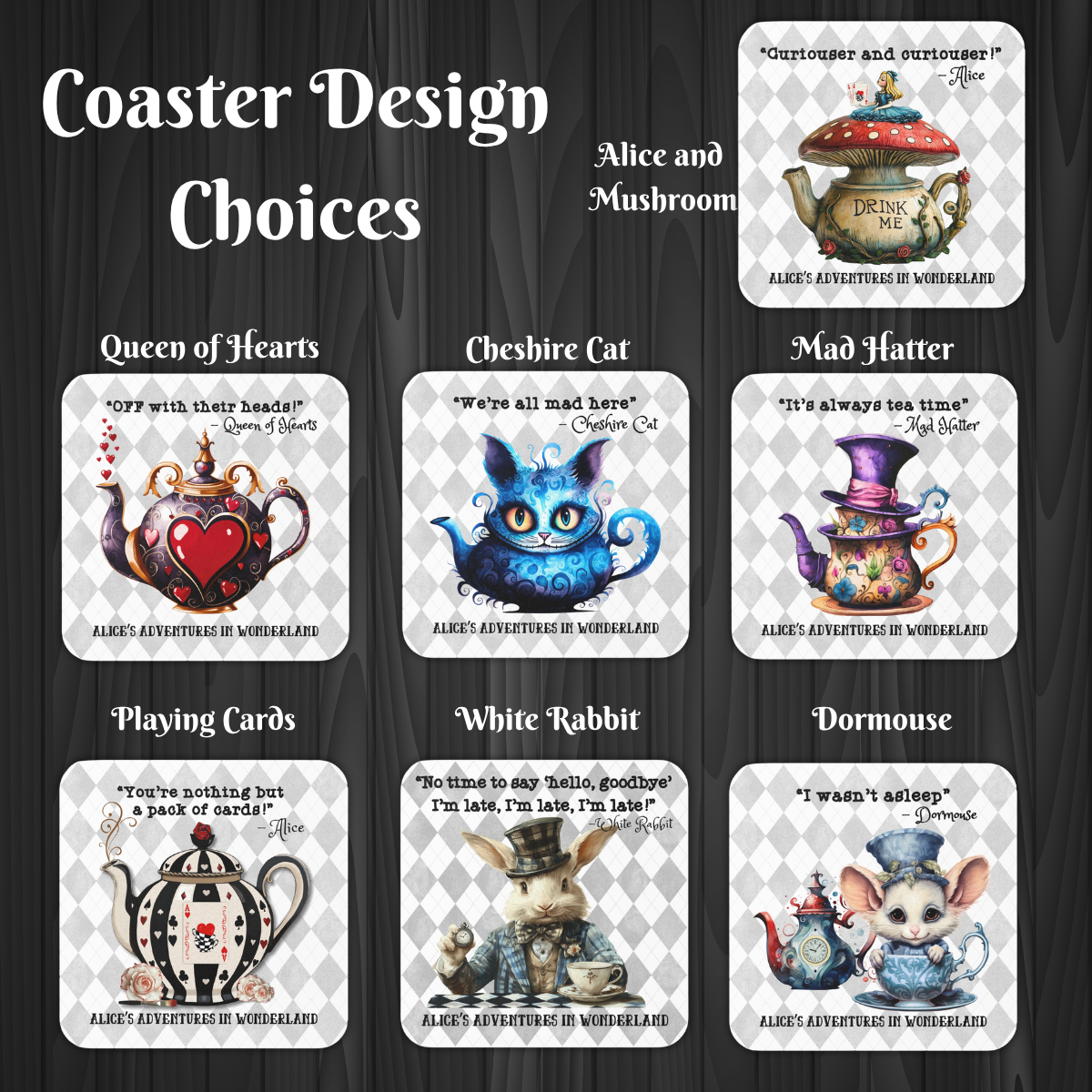 Alice in Wonderland Book Coasters - 7 Designs