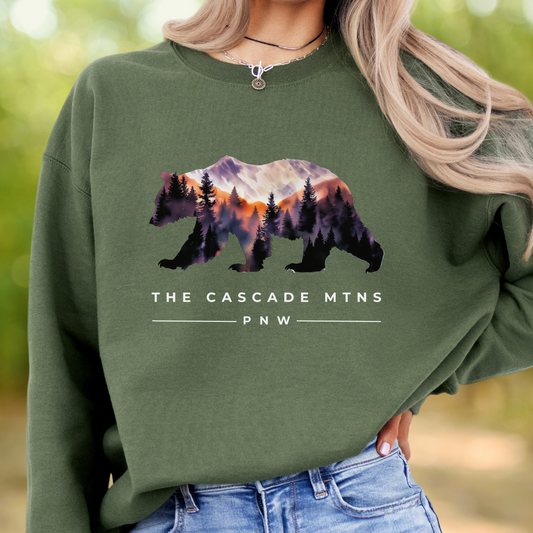 PNW Bear Sweatshirt - Cascade Mountain Range Unisex Crew