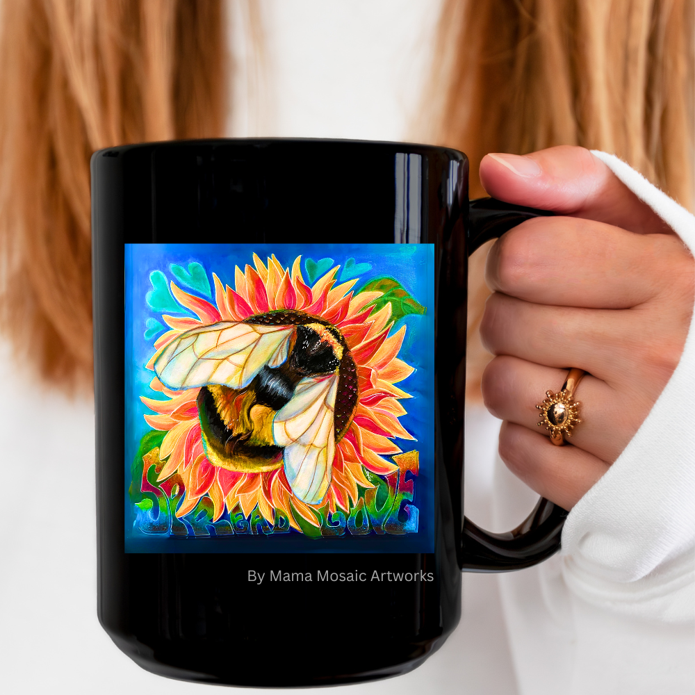 Bee Mug - 15oz Glossy Ceramic - Bees Spread Love from Mama Mosaic Artworks