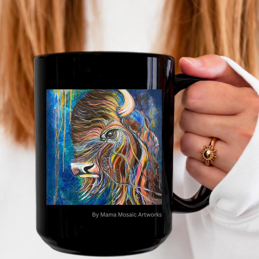 Bison Mug - 15oz Glossy Ceramic - Be Strong, Adapt and Survive from Mama Mosaic Artworks