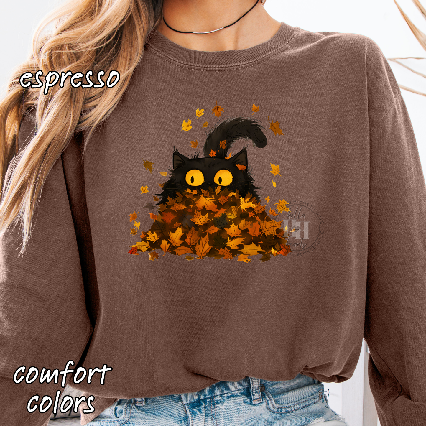 Black Cat Playing in Fall Leaves: Long Sleeve T-Shirt, Unisex