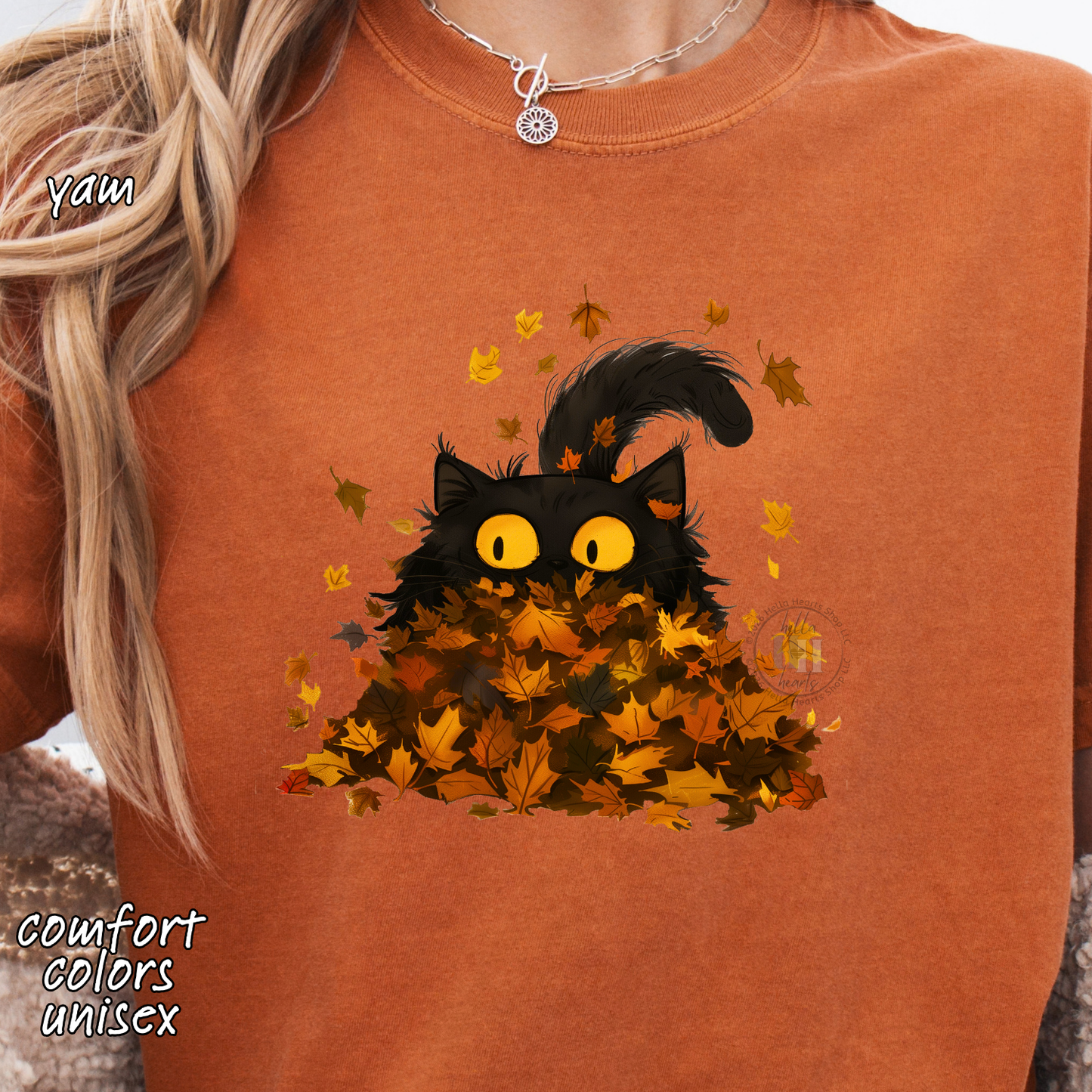 Black Cat Playing in Fall Leaves: Long Sleeve T-Shirt, Unisex