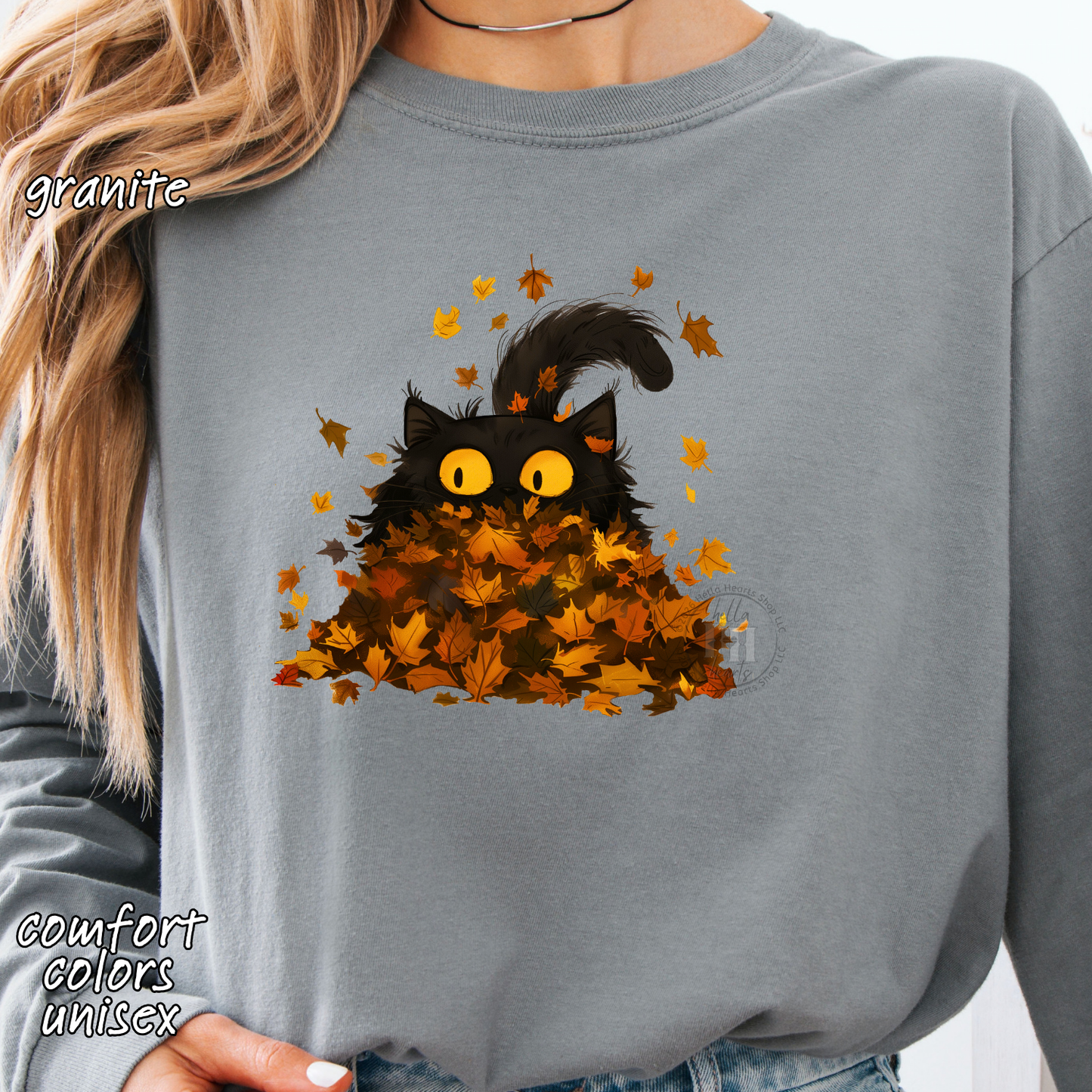 Black Cat Playing in Fall Leaves: Long Sleeve T-Shirt, Unisex