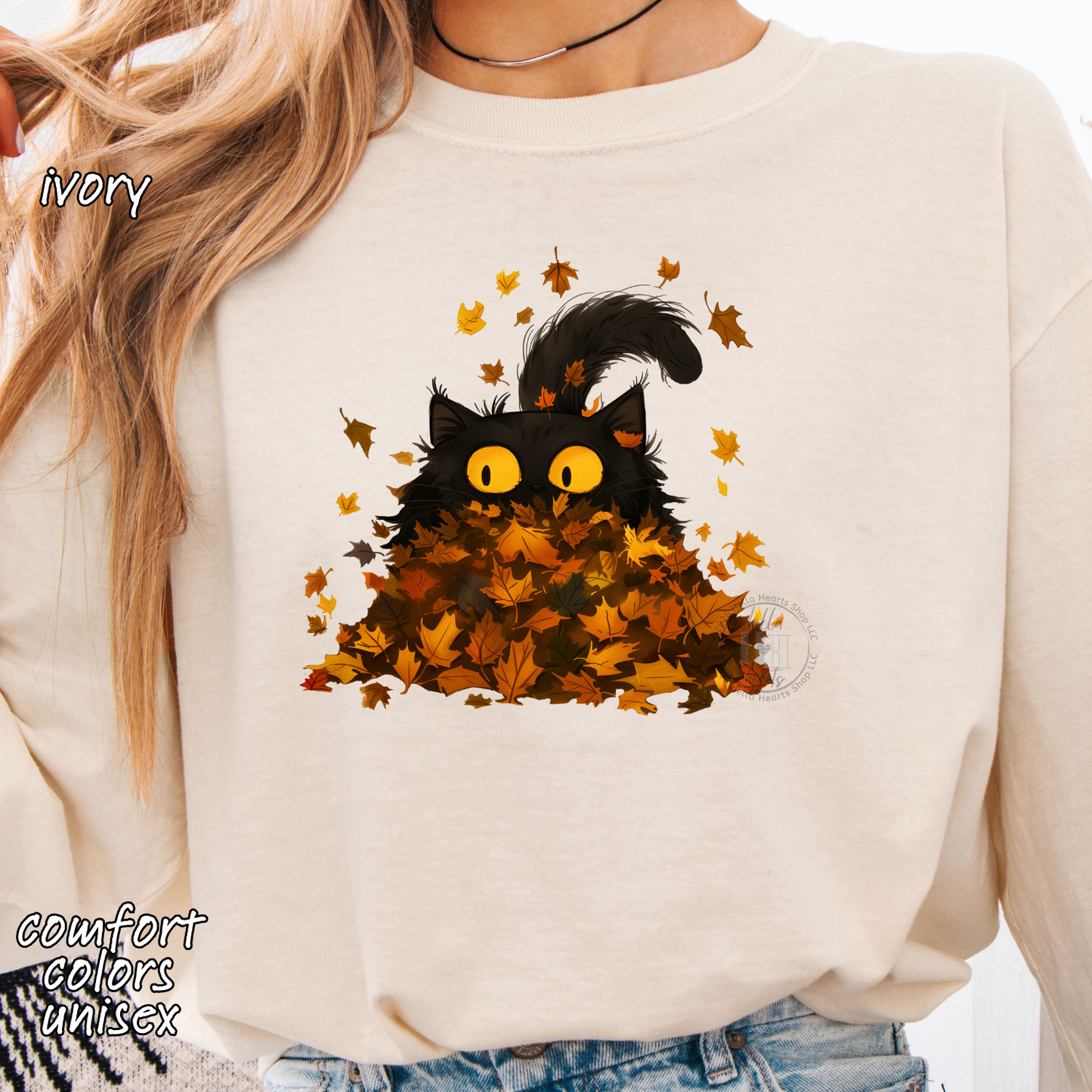 Black Cat Playing in Fall Leaves: Long Sleeve T-Shirt, Unisex