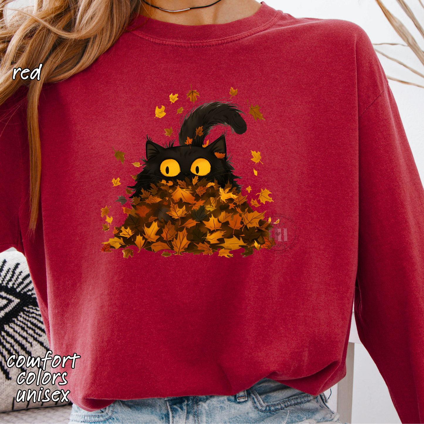 Black Cat Playing in Fall Leaves: Long Sleeve T-Shirt, Unisex