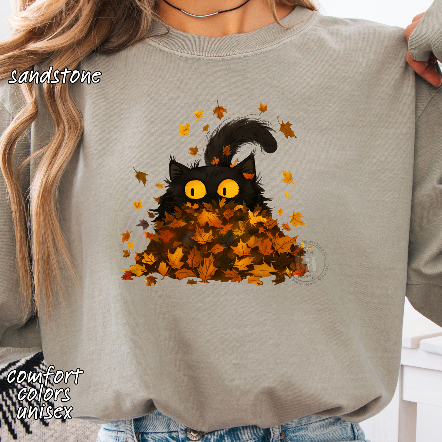 Black Cat Playing in Fall Leaves: Long Sleeve T-Shirt, Unisex