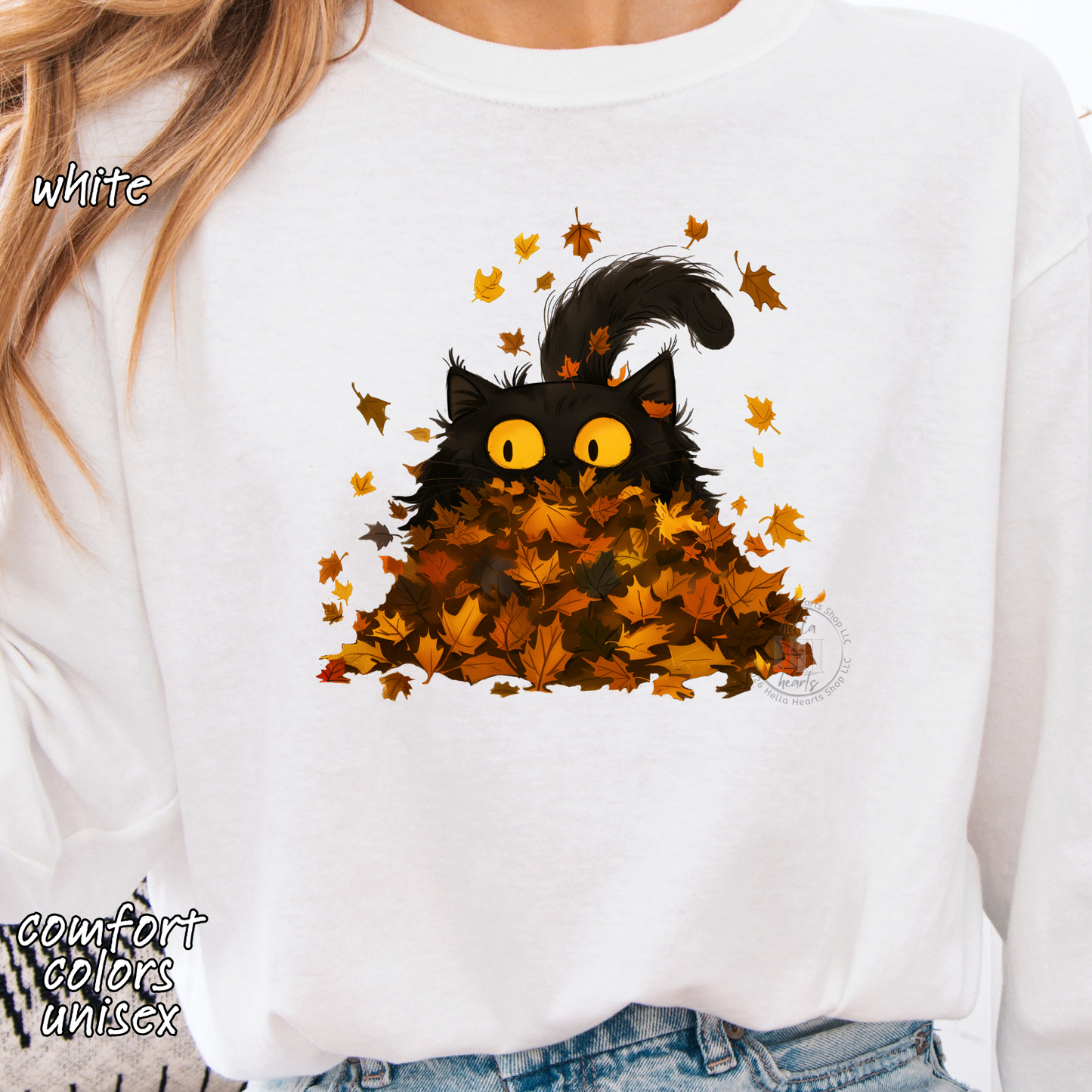 Black Cat Playing in Fall Leaves: Long Sleeve T-Shirt, Unisex