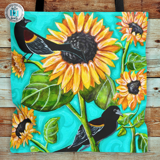 Sunflower Tote Bag - Original Art, Blackbirds and Sunflowers from Mama Mosaic Artworks - 3 Sizes